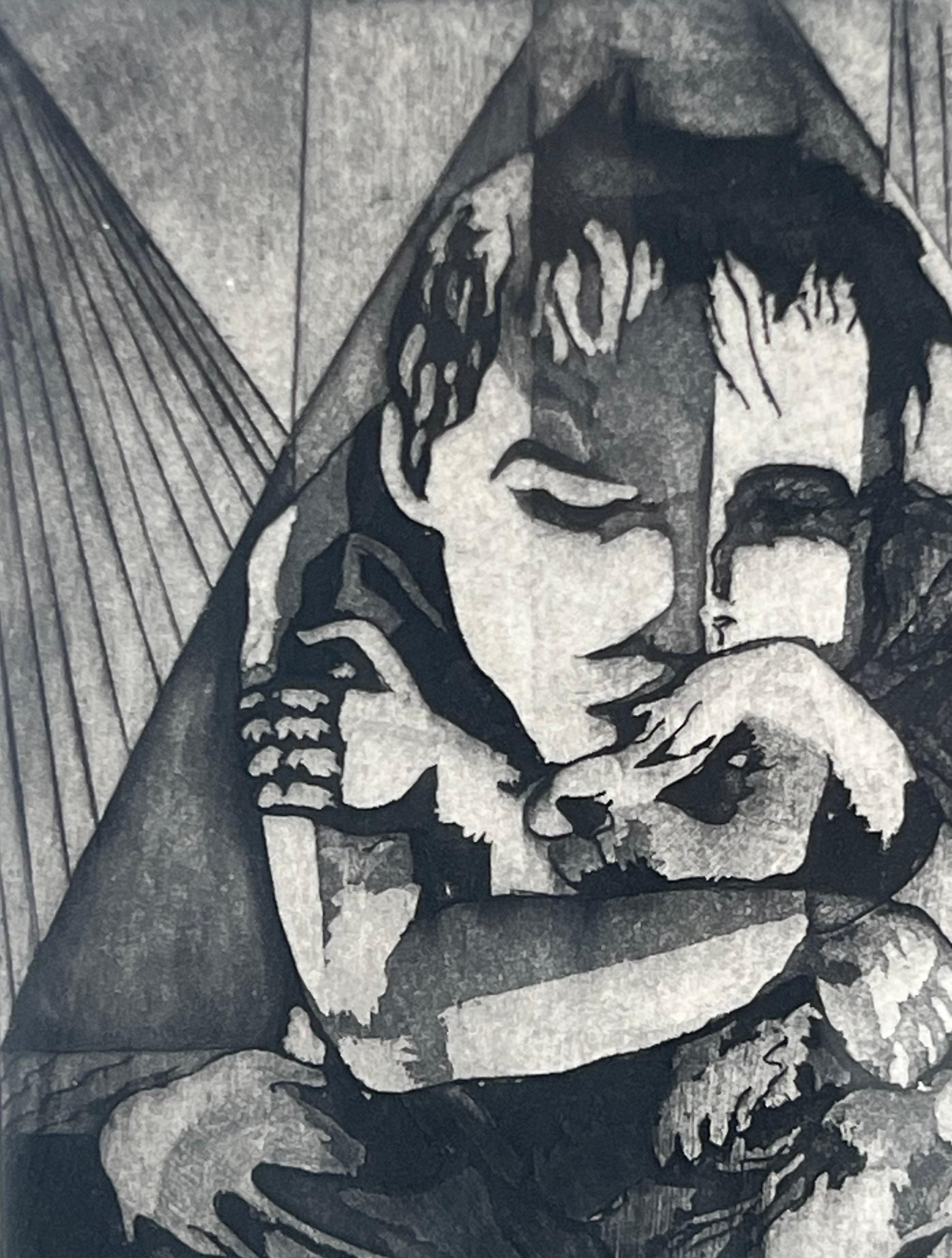 Figurative Abstract Etching on Paper Titled Companions by Jospeh Passalacqua - Brown Figurative Print by Joseph Passalacqua
