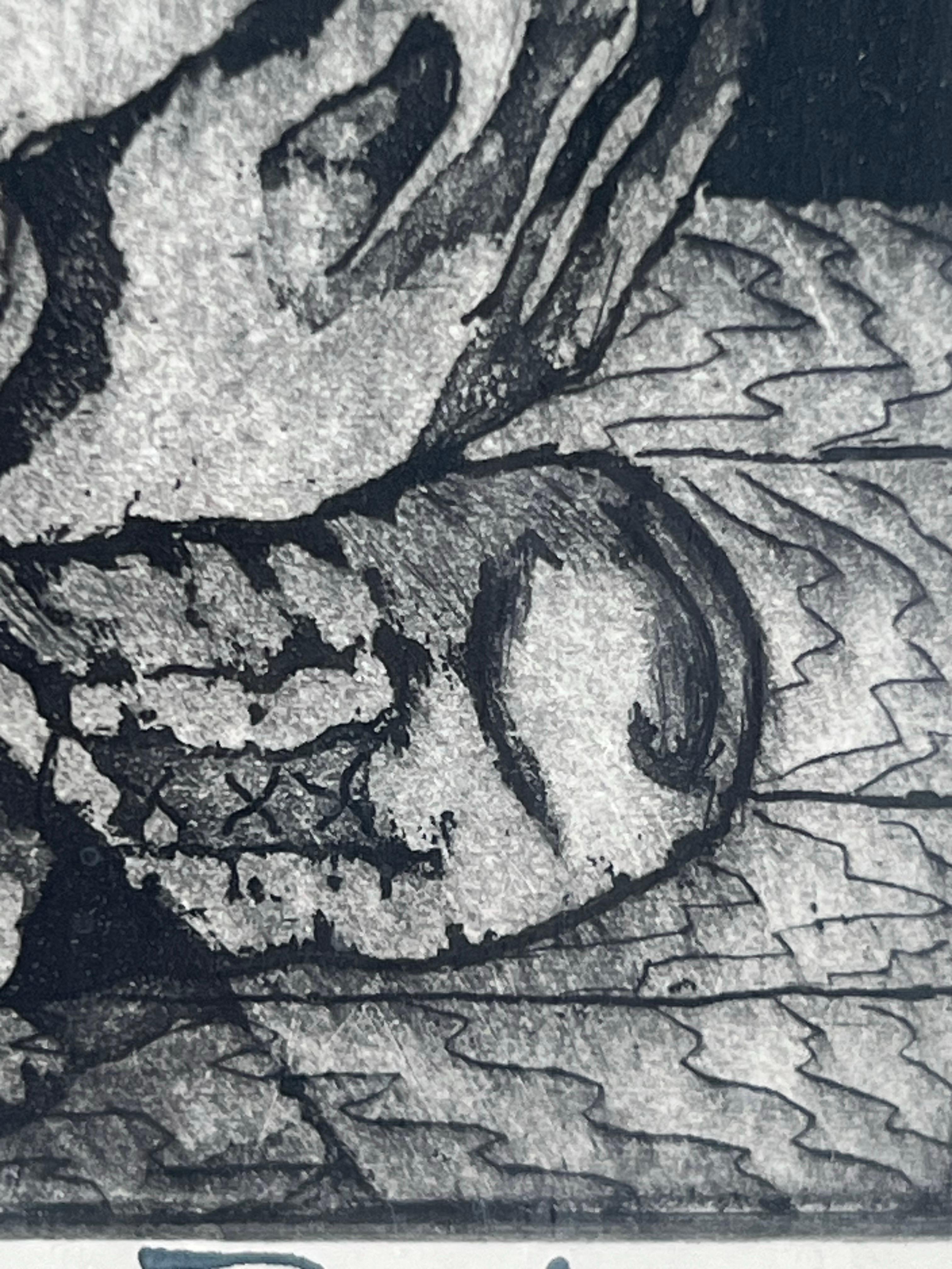 Figurative Abstract Etching on Paper Titled Companions by Joseph Passalacqua (20th Century) 

This striking black-and-white print by Joseph Passalacqua, titled Companions, demonstrates the artist’s command of intaglio techniques and his sensitivity