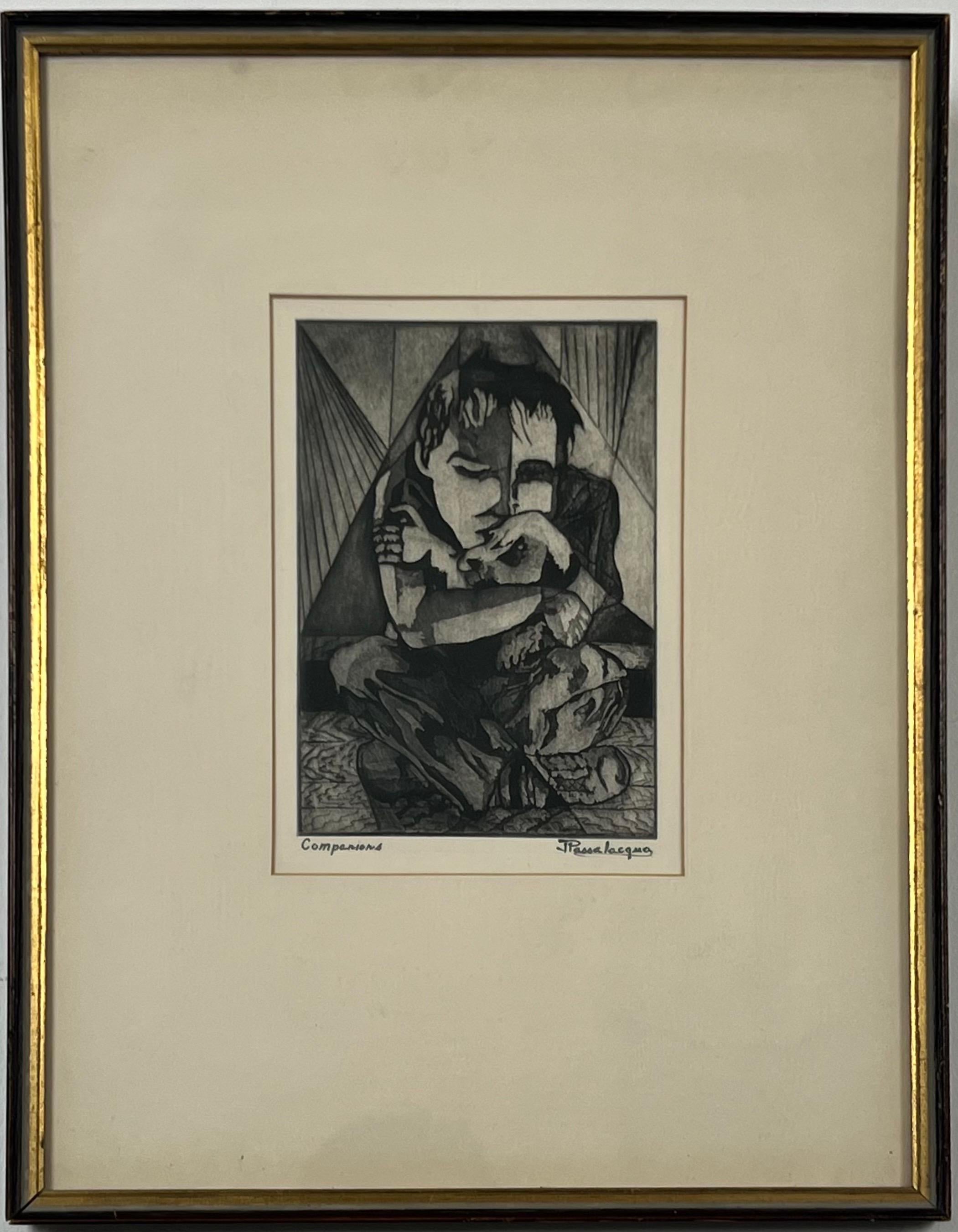 Joseph Passalacqua Figurative Print - Figurative Abstract Etching on Paper Titled Companions by Jospeh Passalacqua