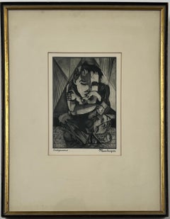 Figurative Abstract Etching on Paper Titled Companions by Jospeh Passalacqua
