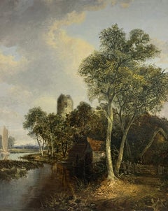 Fine Antique Norwich English River Landscape Oil Painting Watermill Church Tower