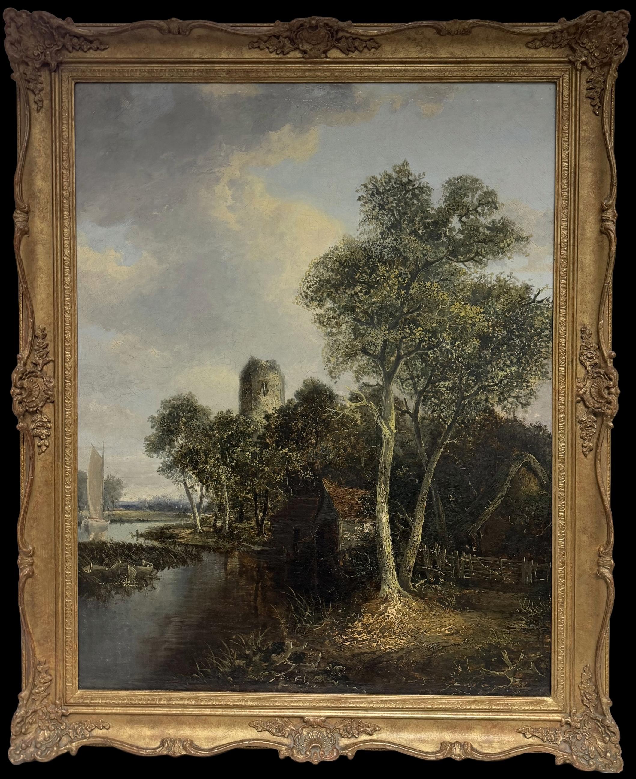 Fine Antique Norwich English River Landscape Oil Painting Watermill Church Tower