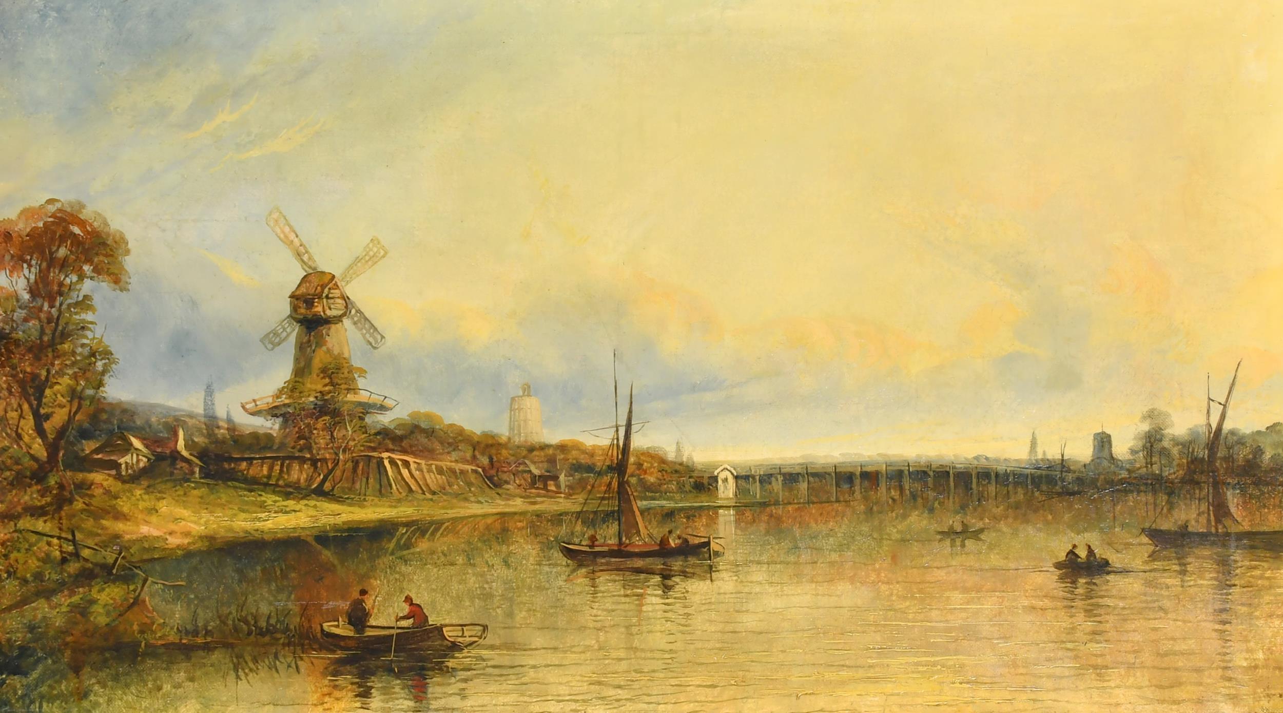 Pittura a olio molto grande della scuola di Norwich Paesaggio fluviale Barche e persone - Painting di Joseph Paul (1804-1887)