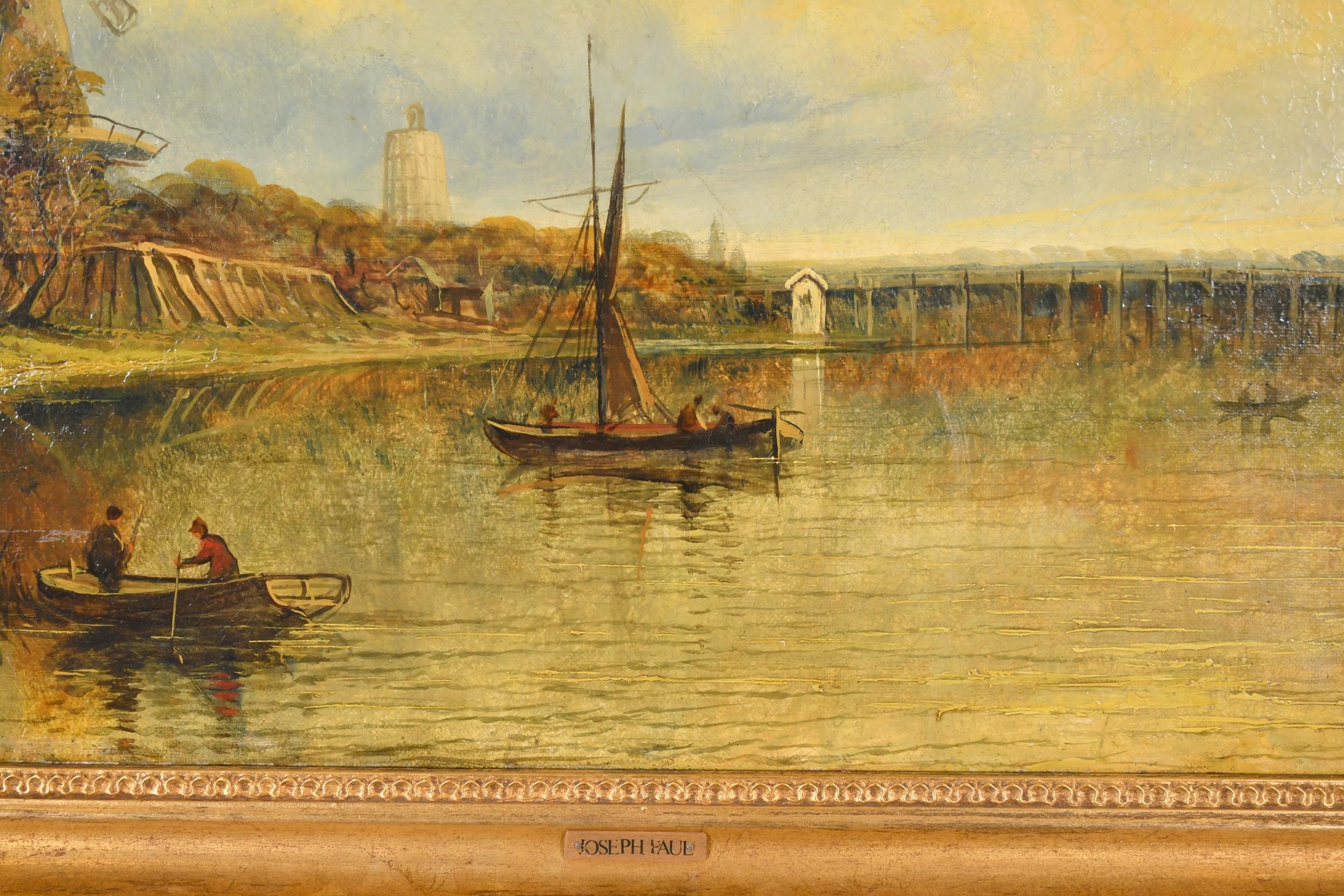 Pittura a olio molto grande della scuola di Norwich Paesaggio fluviale Barche e persone - Painting Vittoriano di Joseph Paul (1804-1887)