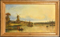 Pittura a olio molto grande della scuola di Norwich Paesaggio fluviale Barche e persone
