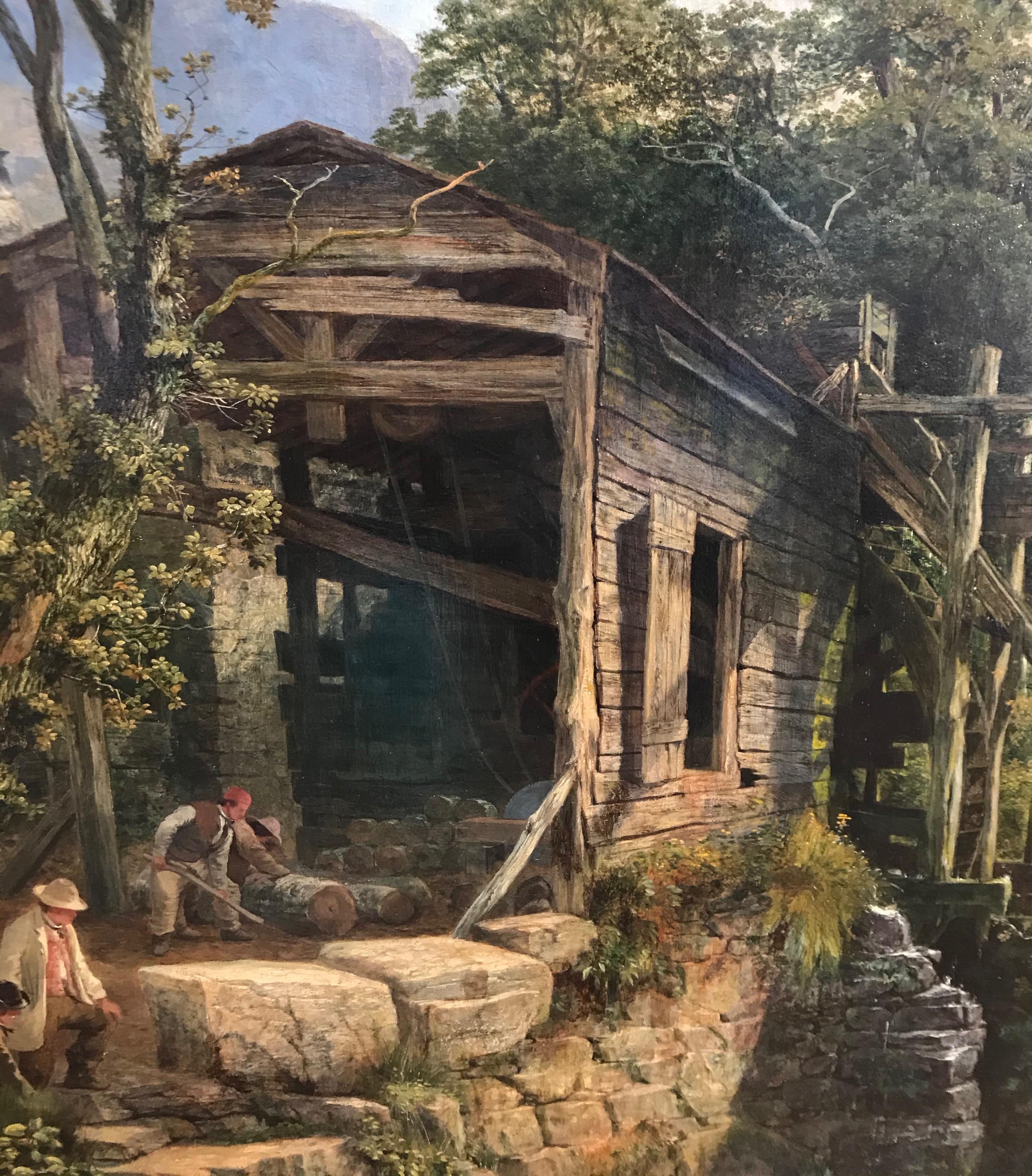 This picturesque view is on an impressively large scale which is appropriate for the monumental work required in the movement and sawing of large timbers. The elegantly dressed figures in the foreground act as focal points in the diagonal meander