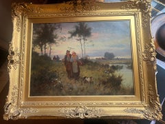 Victorian Nineteen Century Rural Sunset Landscape with Farm Workers and Animals
