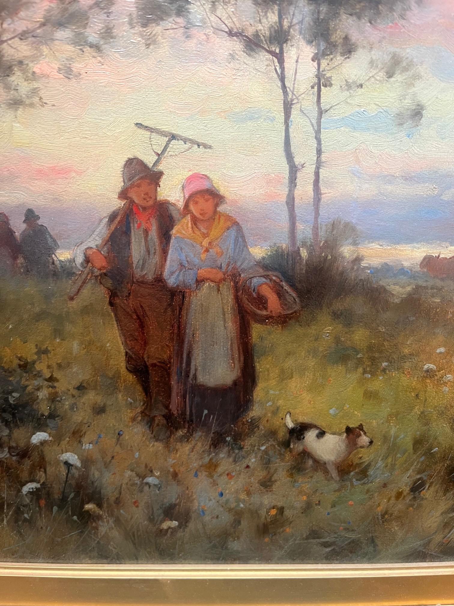 Paysage rural victorien du dix-neuvième siècle avec des ouvriers agricoles et des animaux en vente 2