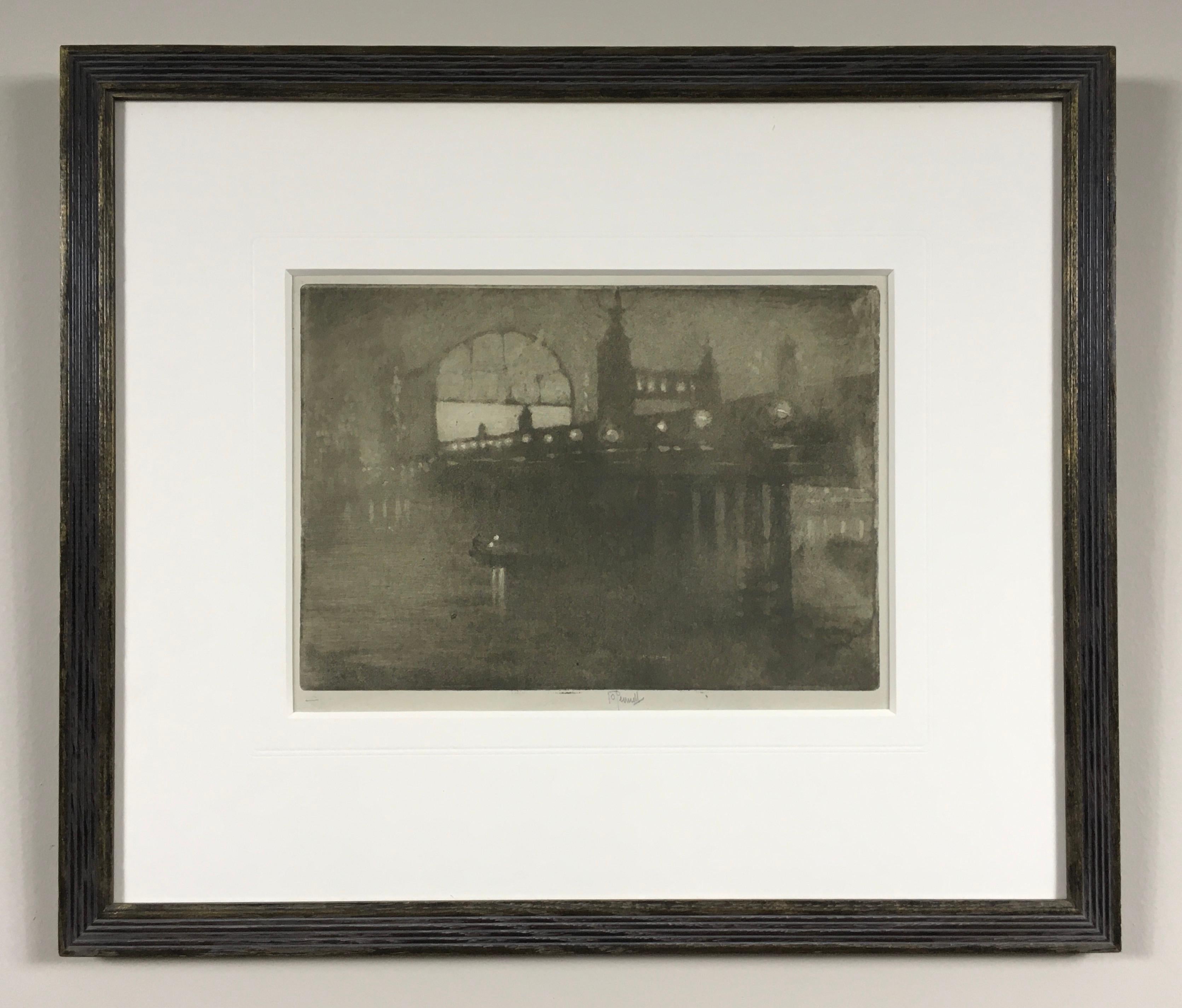 JOSEPH PENNELL
(1857-1926)

Charing Cross Bridge at Night, 1909

Signed
Etching

Plate size17.5 by 25 cm., 7 by 10 in.
(frame size 38.5 by 45 cm., 15 ¼ by 17 ¾ in.)

Pennell was born in Philadelphia where he studied at School of Industrial Art and