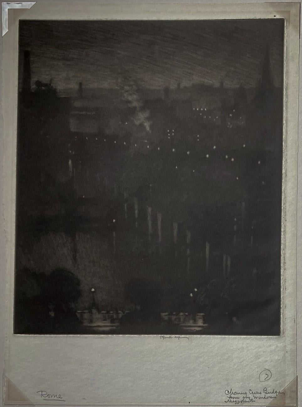 Charing Cross at Night. 1909. Mezzotint. Wuerth 510. 11 7/8 x 10 (sheet 15 x 10 3/4). Edition probably 30. Printed on 'Rome'cream laid paper, probably from an antique volume. Annotated 'Rome' [paper] and 'Charing Cross Bridge from my Window' by the