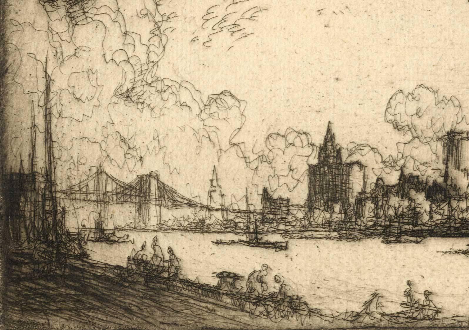 New York From Brooklyn (historical skyline of Manhattan with Brooklyn Bridge) - Print by Joseph Pennell