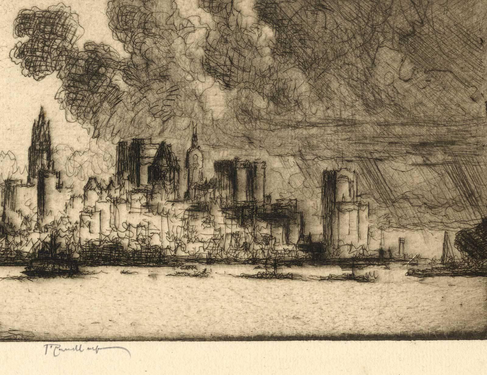 New York From Brooklyn (historical skyline of Manhattan with Brooklyn Bridge) - American Modern Print by Joseph Pennell