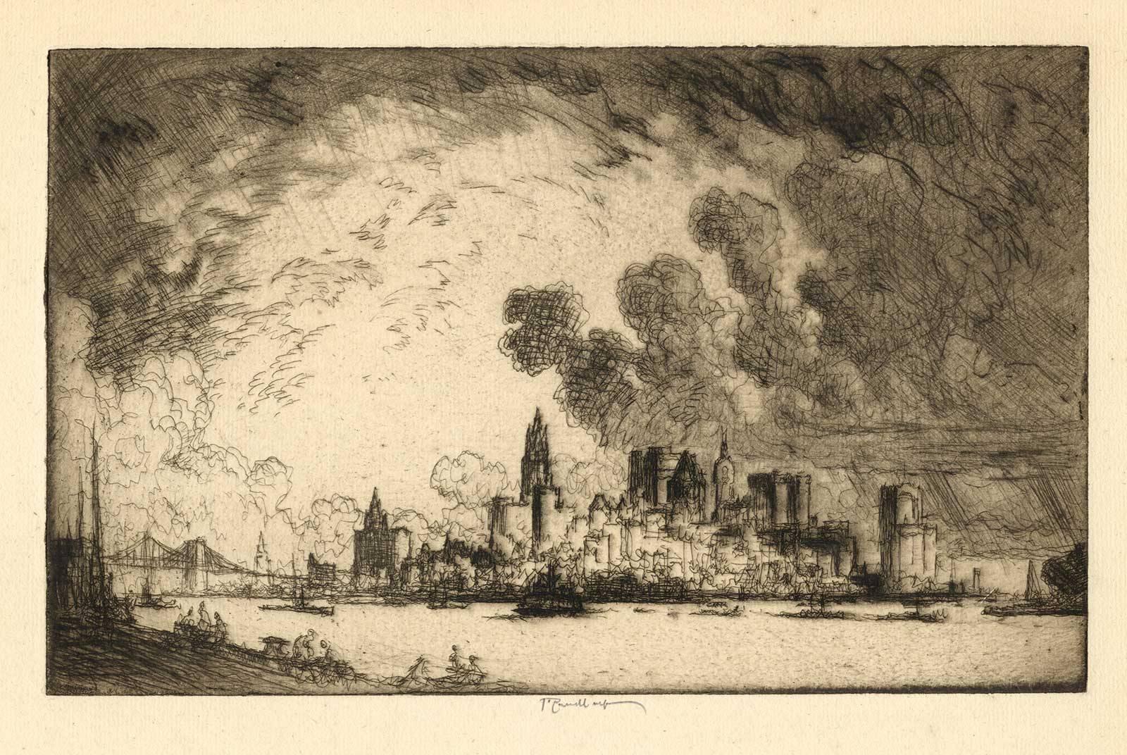 Joseph Pennell Print - New York From Brooklyn (historical skyline of Manhattan with Brooklyn Bridge)