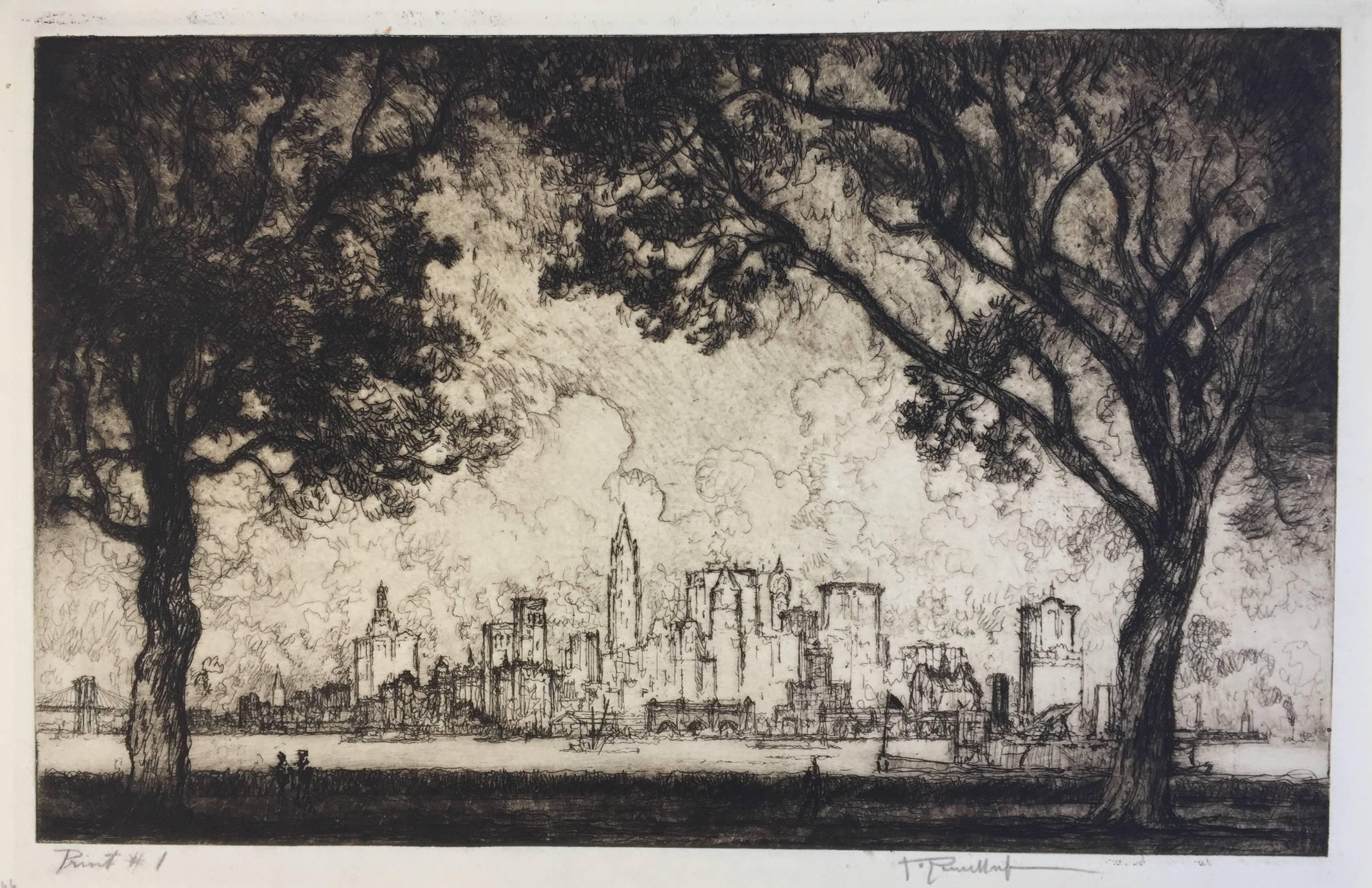 NEW YORK FROM GOVERNOR'S ISLAND - American Impressionist Print by Joseph Pennell