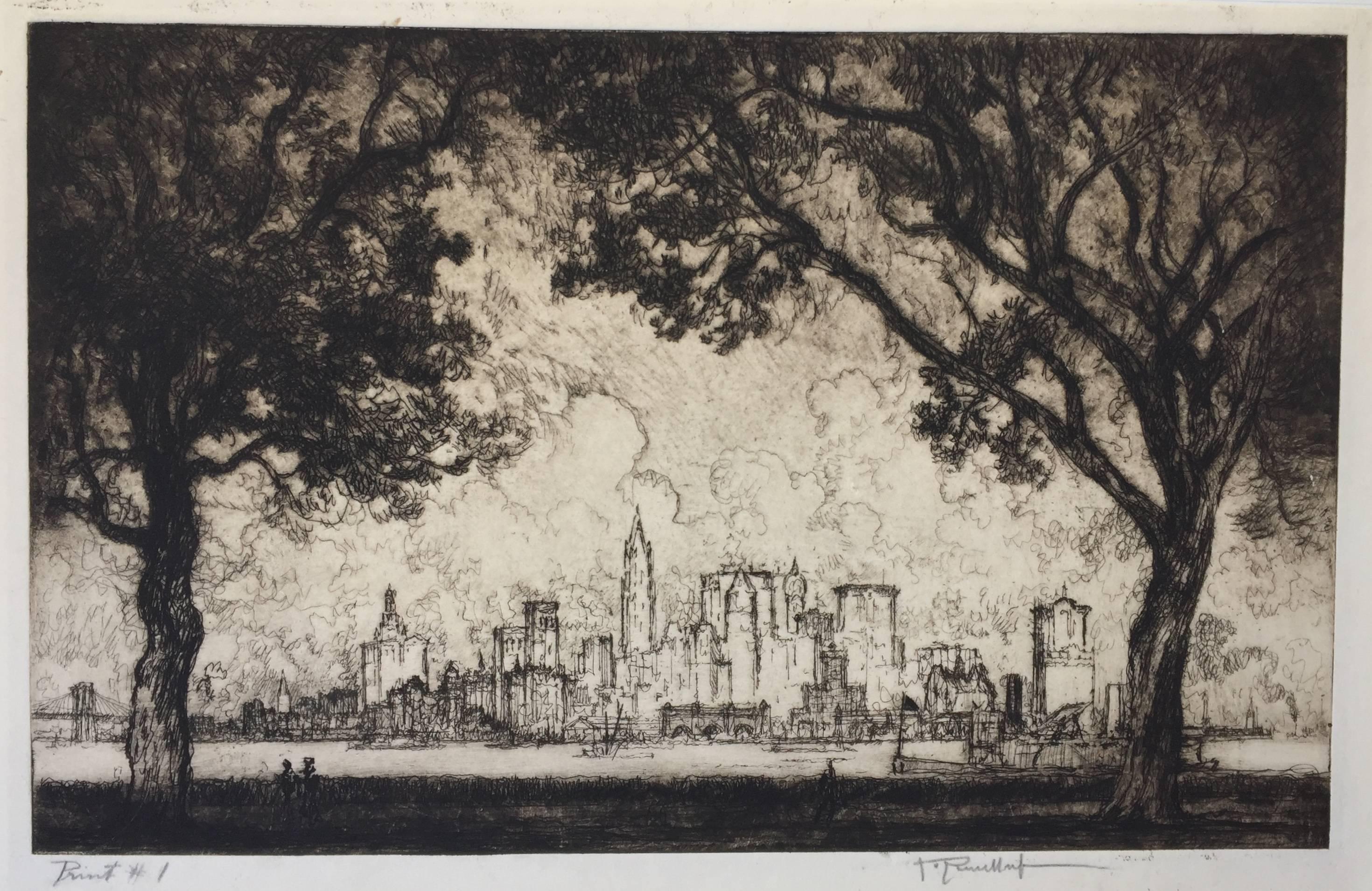 Joseph Pennell Landscape Print - NEW YORK FROM GOVERNOR'S ISLAND