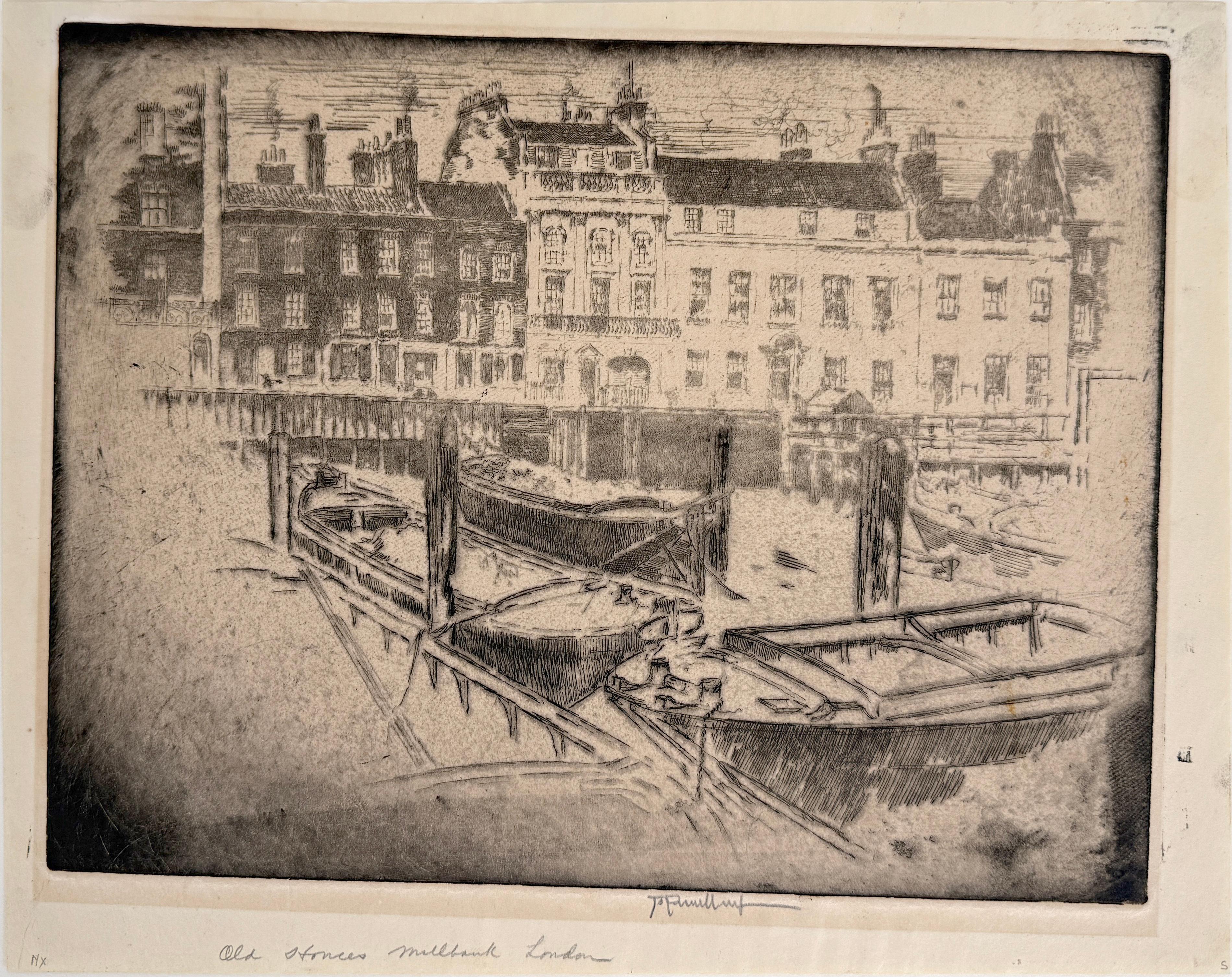 Casas antiguas, Milbank Grosvenor Road Londres 1906 - Print de Joseph Pennell