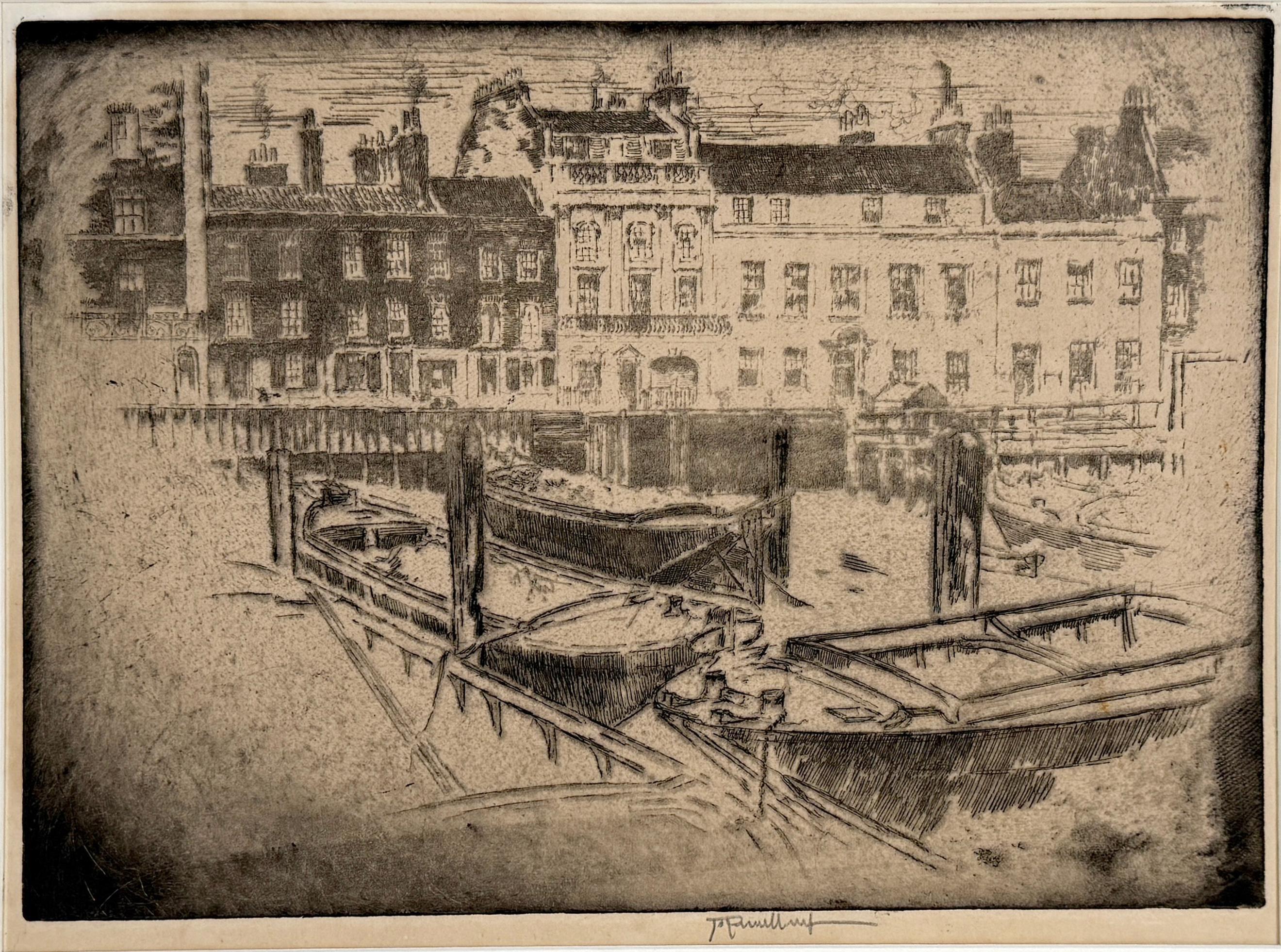 Casas antiguas, Milbank Grosvenor Road Londres 1906 - Print impresionista estadounidense de Joseph Pennell