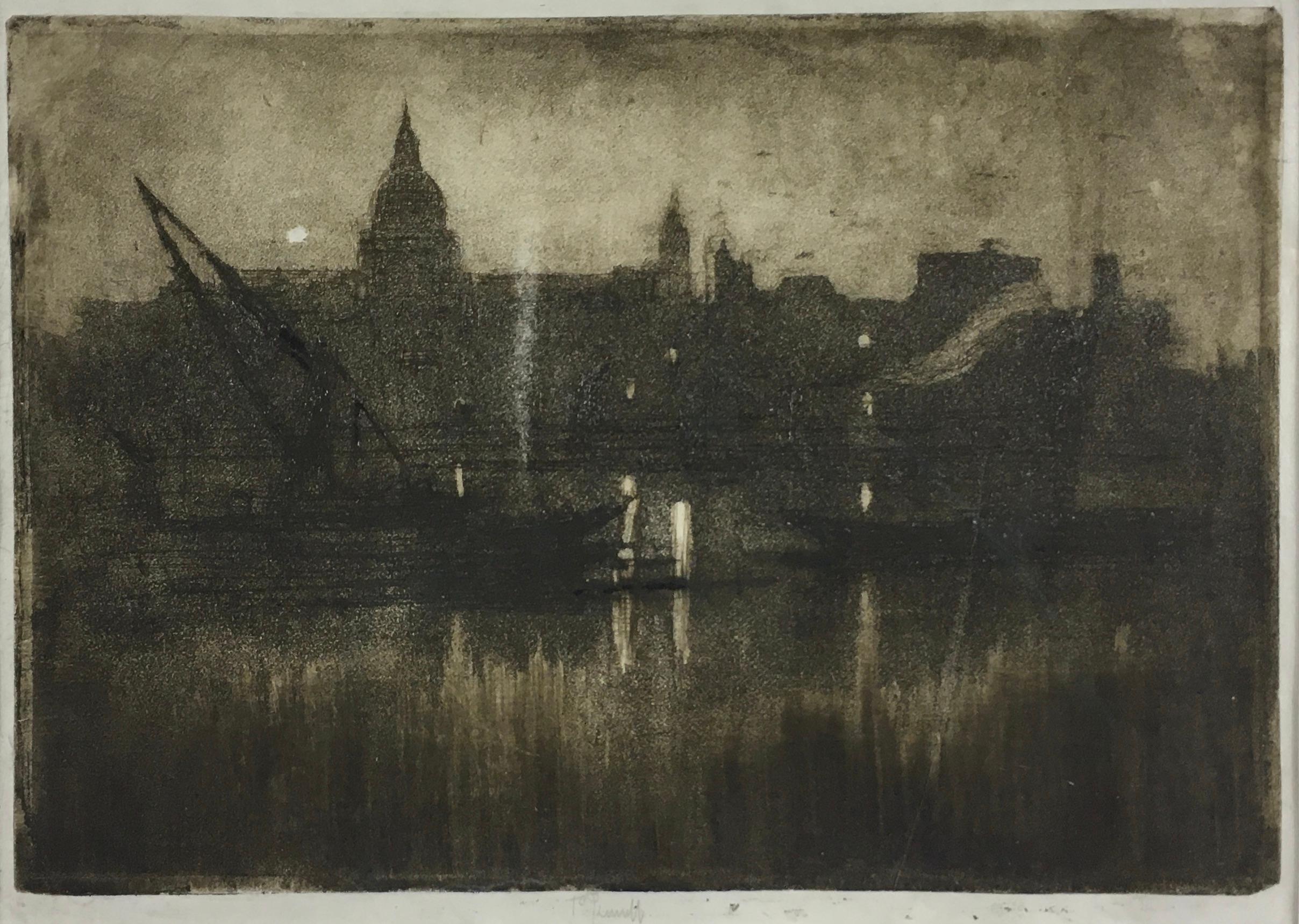 JOSEPH PENNELL
(1857-1926)

St Paul’s from the River, 1894

Signed
Sandpaper aquatint

Plate size17.5 by 25 cm., 7 by 10 in.
(frame size 38.5 by 45 cm., 15 ¼ by 17 ¾ in.)

Pennell was born in Philadelphia where he studied at School of Industrial Art