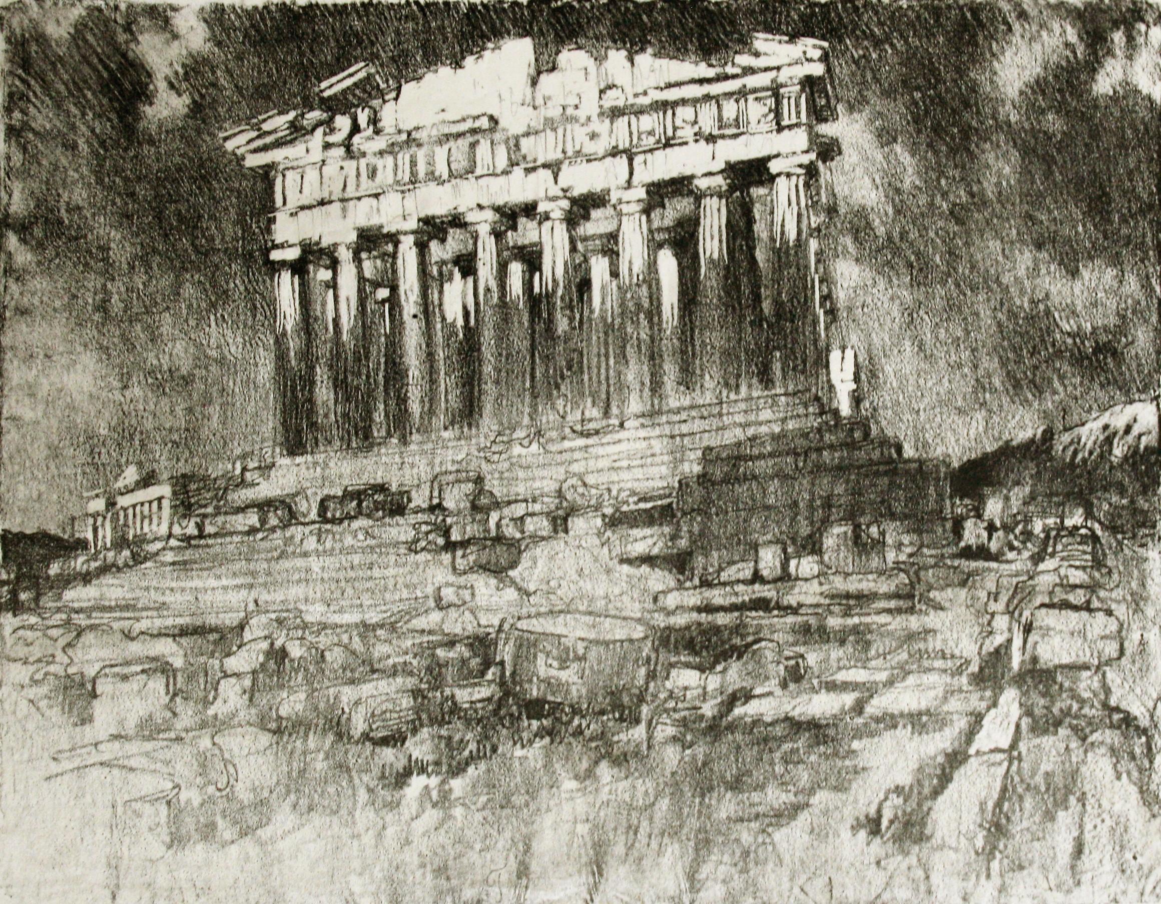 Joseph Pennell Interior Print - The Façade of the Parthenon. Sunset. 