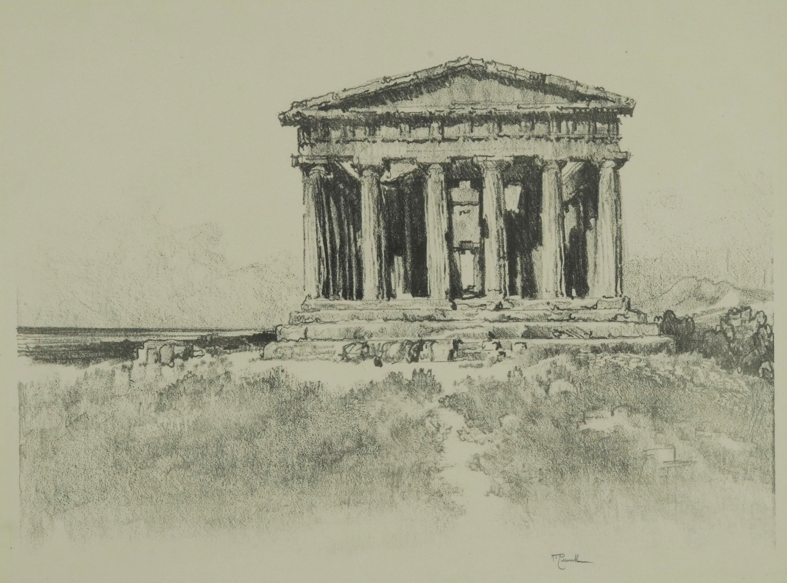 Joseph Pennell Landscape Print - The Temple by the Sea -- Temple of Concord, Girgenti