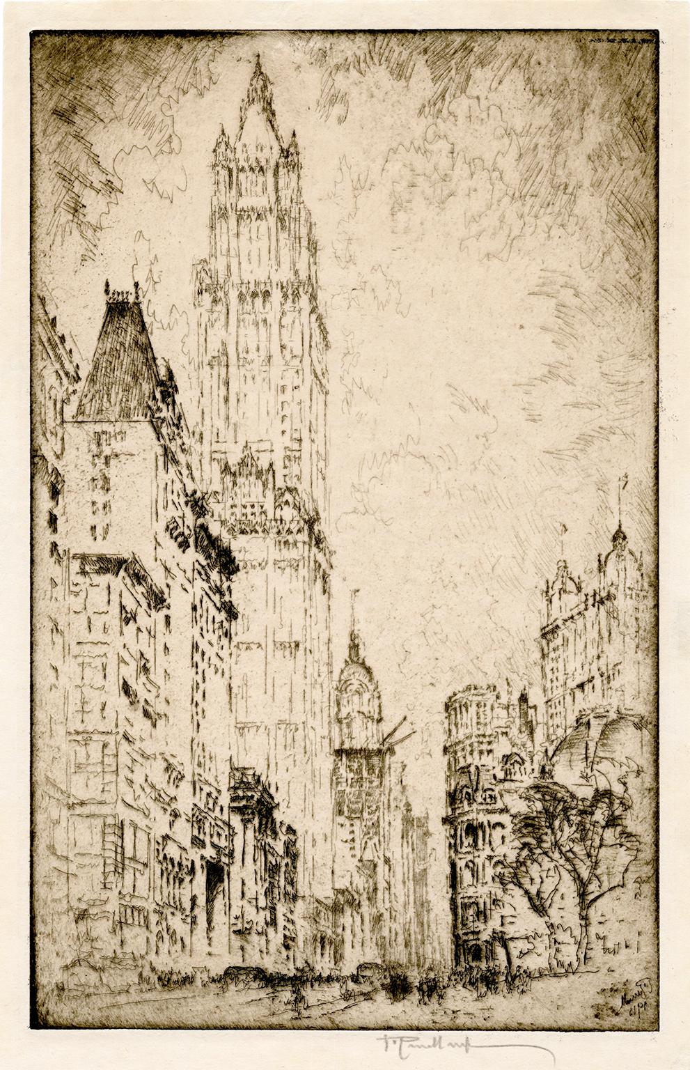 Joseph Pennell Figurative Print - The Woolworth Building — early 20th-Century New York City