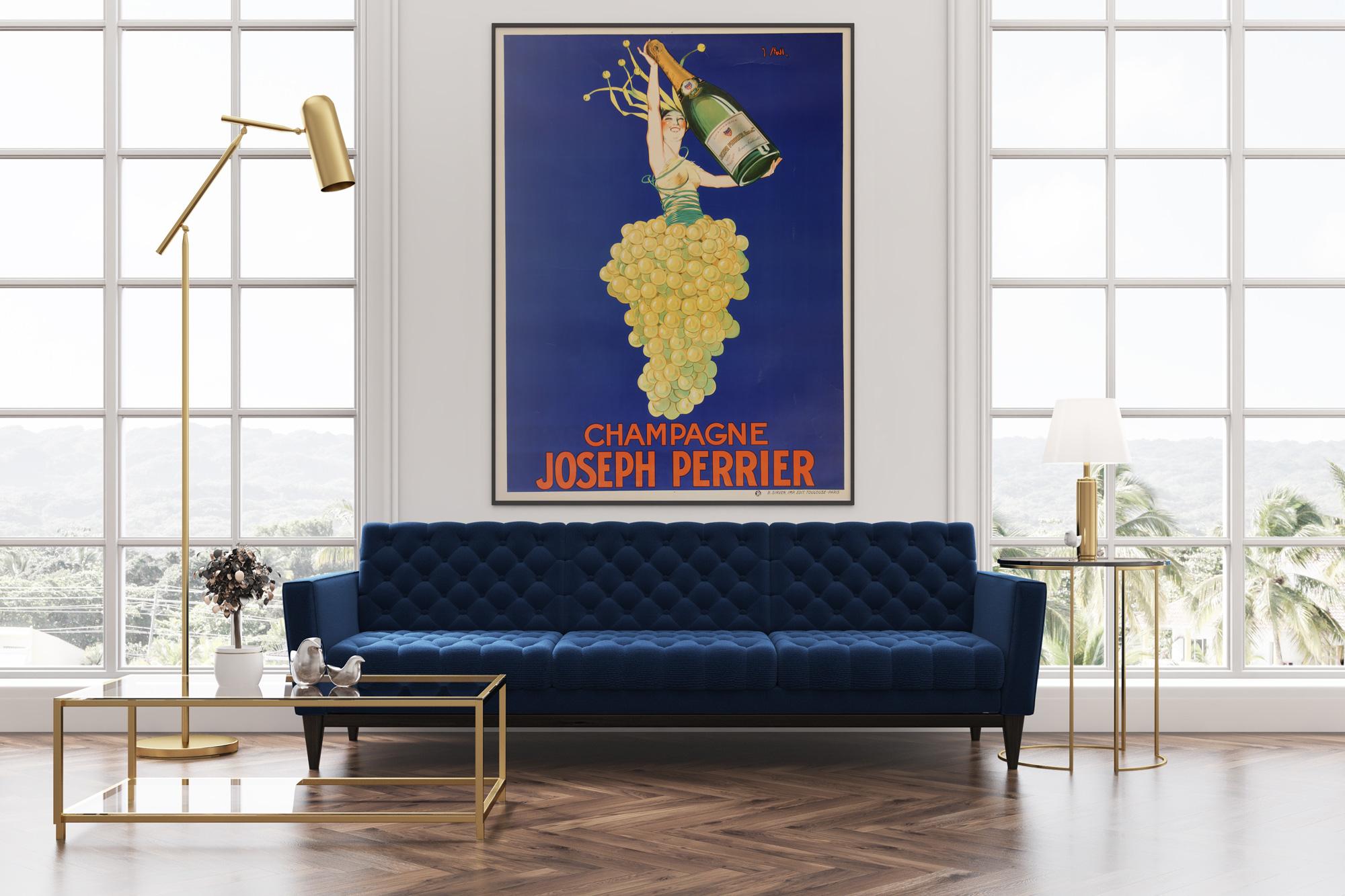 Fabulous art deco design by Joseph Stall features on this original Joseph Perrier French champagne poster from circa 1930. One of the most famous champagne posters, Stall certainly makes a pop wth his design of a grape nymph as gloriously happy as I
