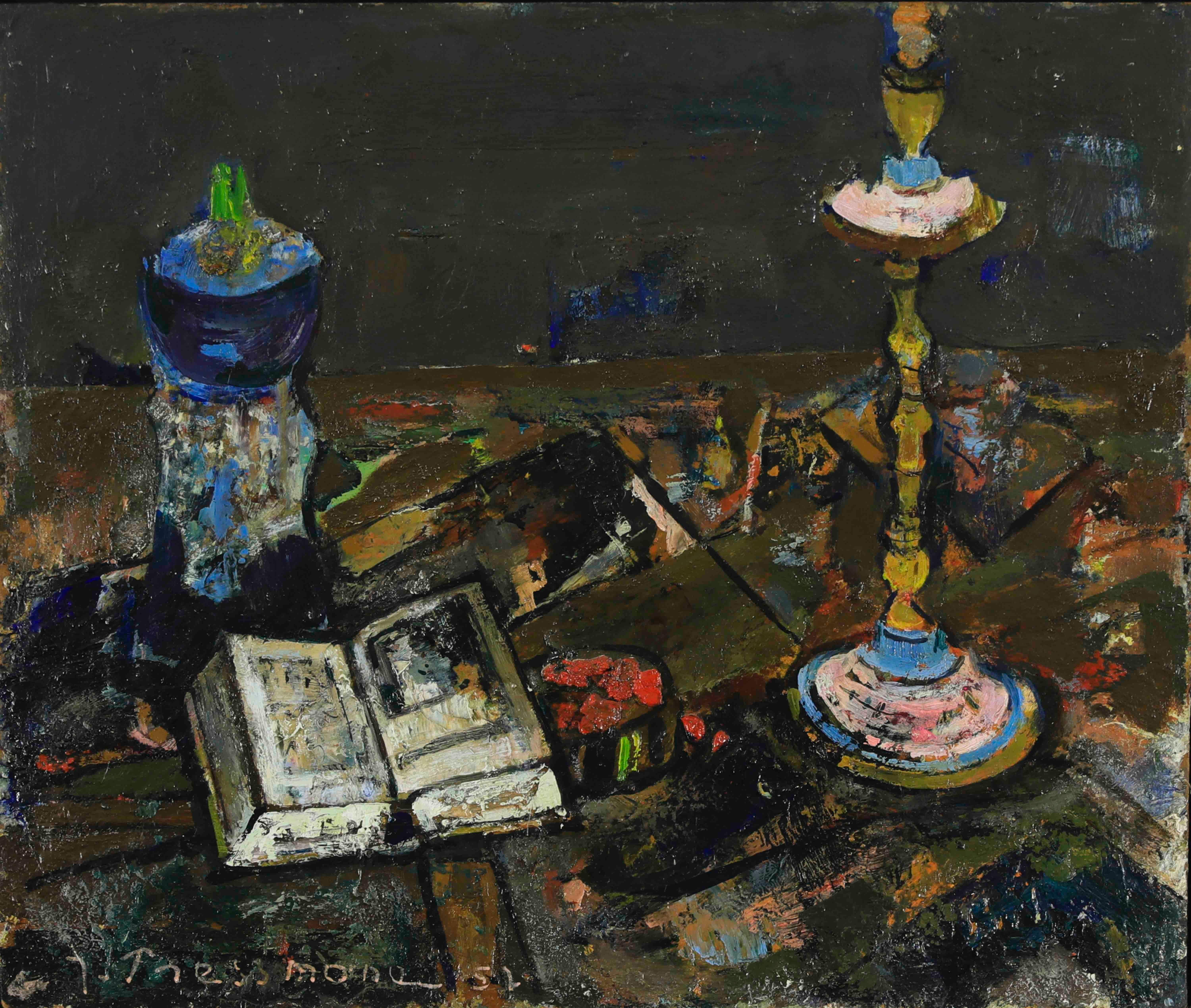 Still Life with Candlestick and Book by Joseph Pressmane (1904-1967)
Oil on board
35.5 x 42 cm (14 x 16 ¹/₂ inches)
Signed and dated lower left, J. Pressmane 57