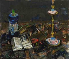 Retro Still Life with Candlestick and Book by Joseph Pressmane - Still life painting