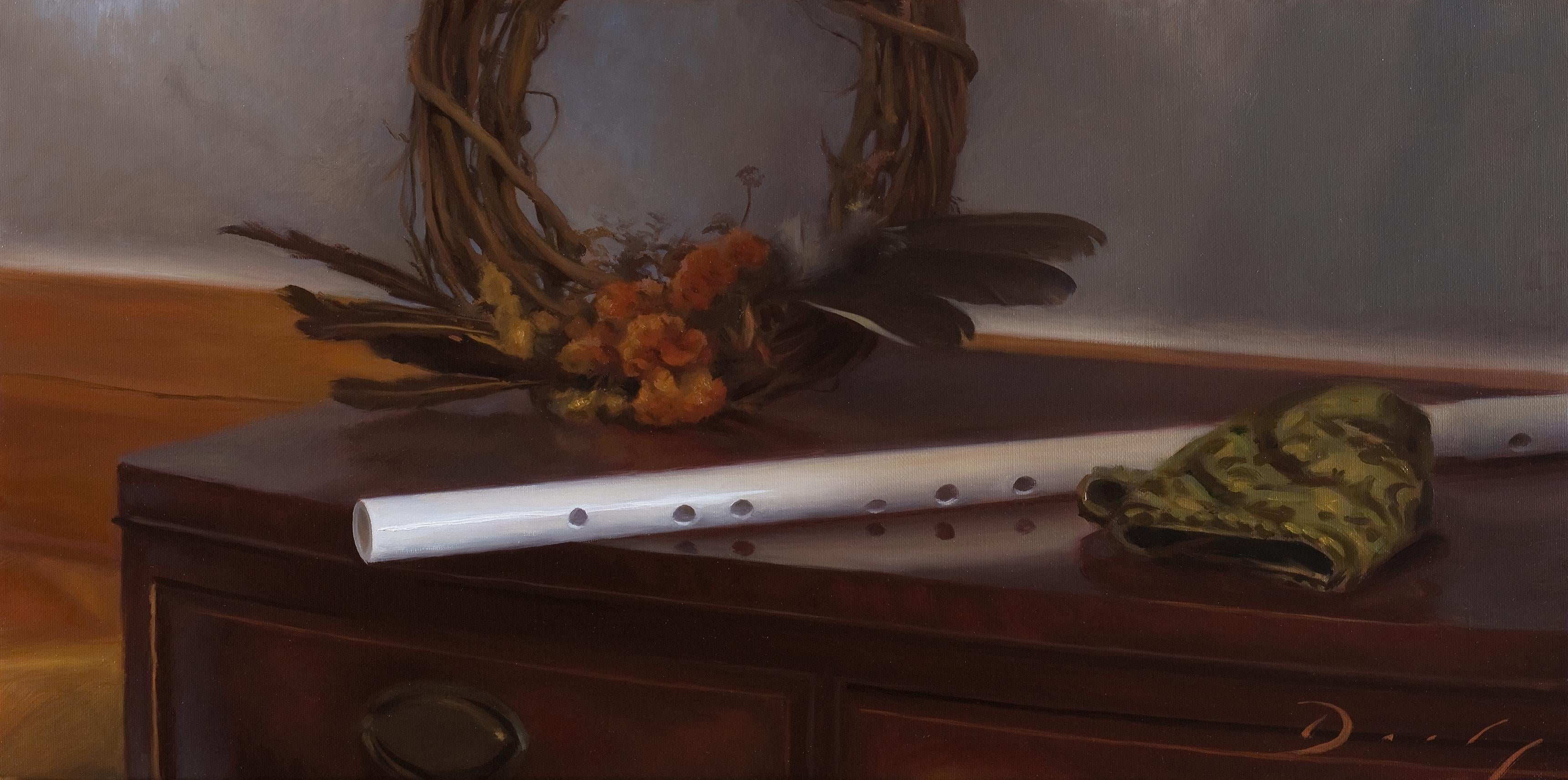 The White Flute is a modern still life by Joseph Daily, in which a white flute is the focal point of the piece. Its reflection can be seen in the polished surface of the mahogany desk. The composition is balanced by the inclusion of a festive