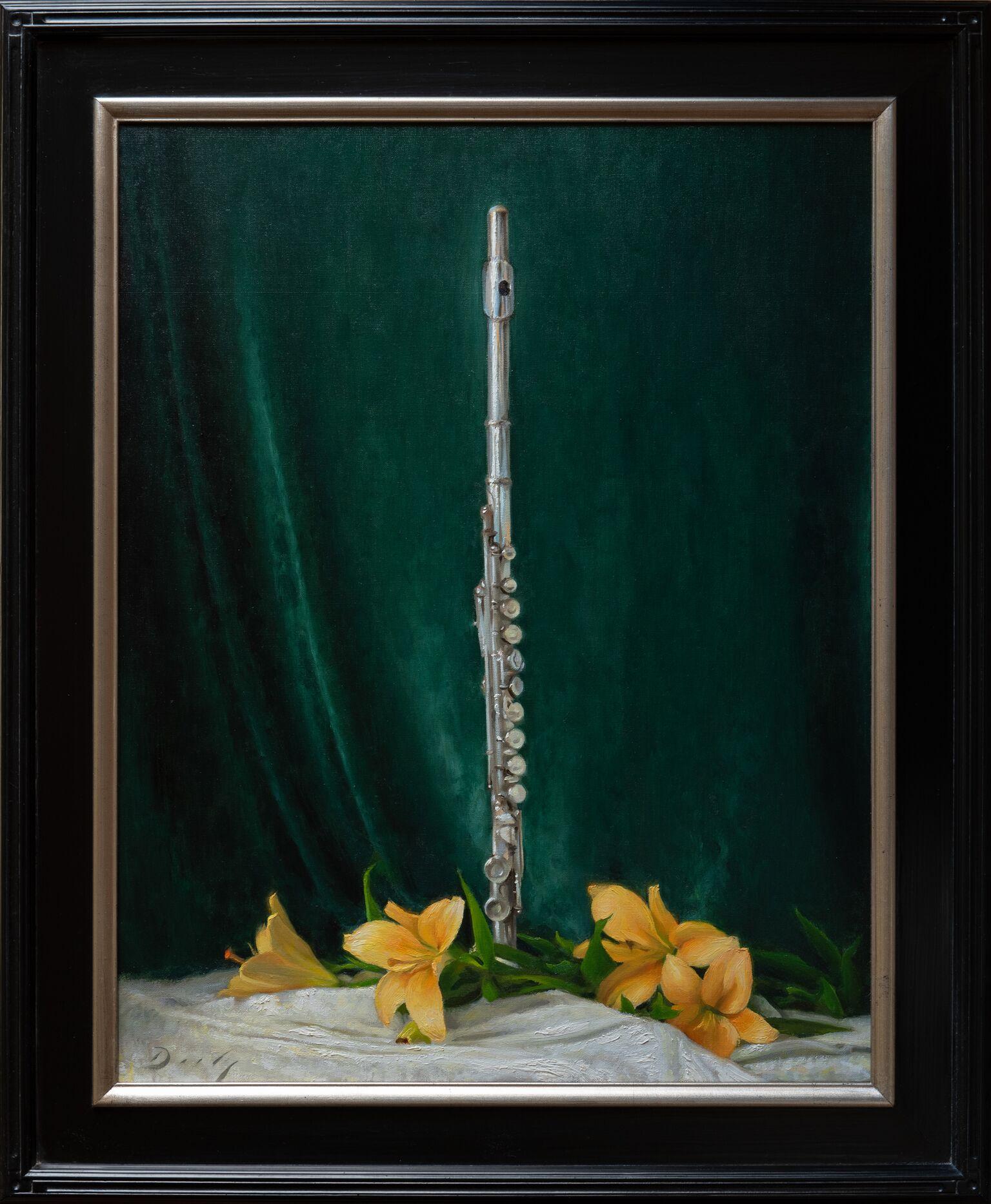Realist flute with green background and yellow flowers, 