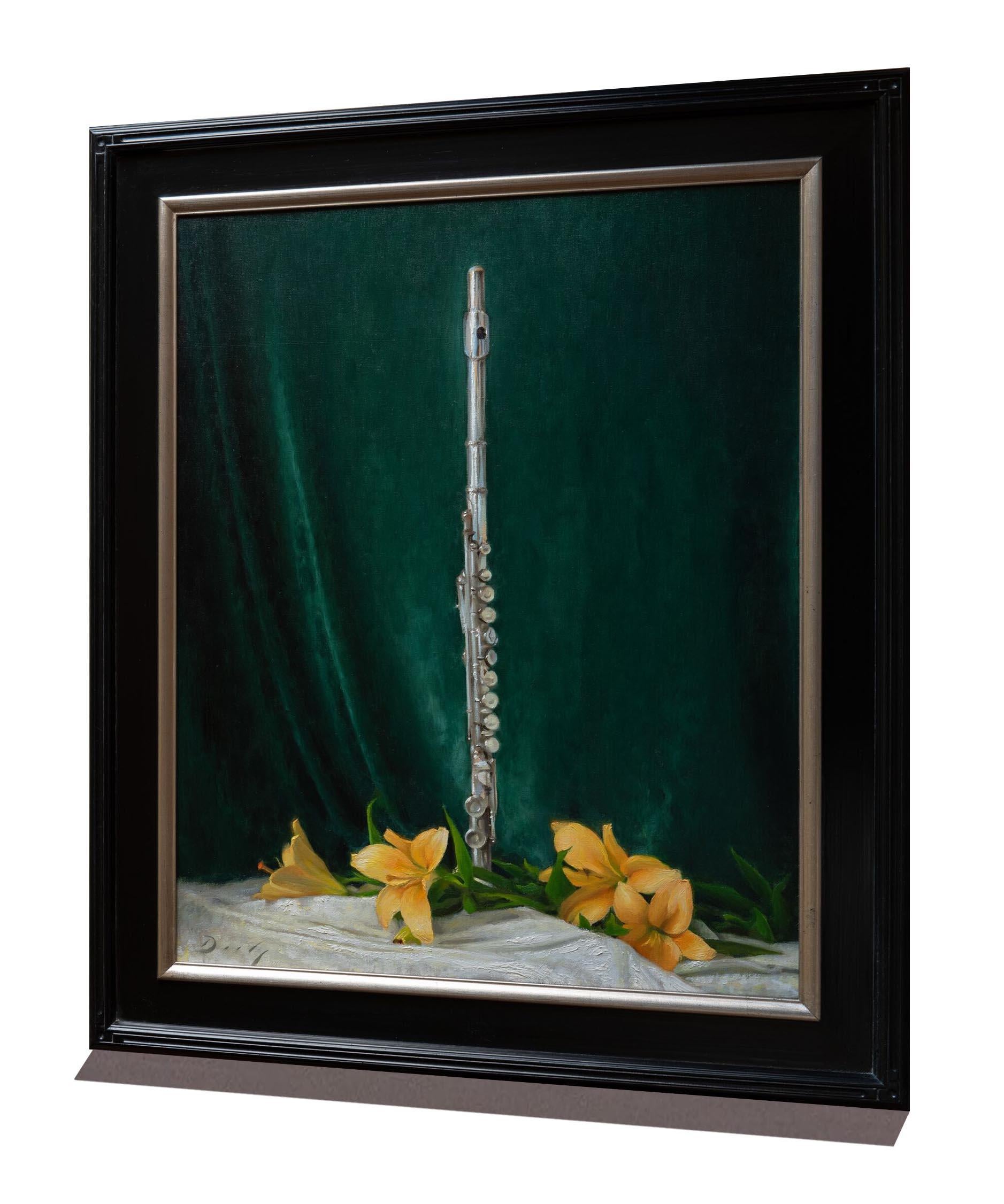 In this painting, a flute stands alone at the center of the composition with yellow tulips gracefully placed around it over a white table cloth.  The polished silver flute against the sumptuous quality of the expansive, velvety, dark emerald