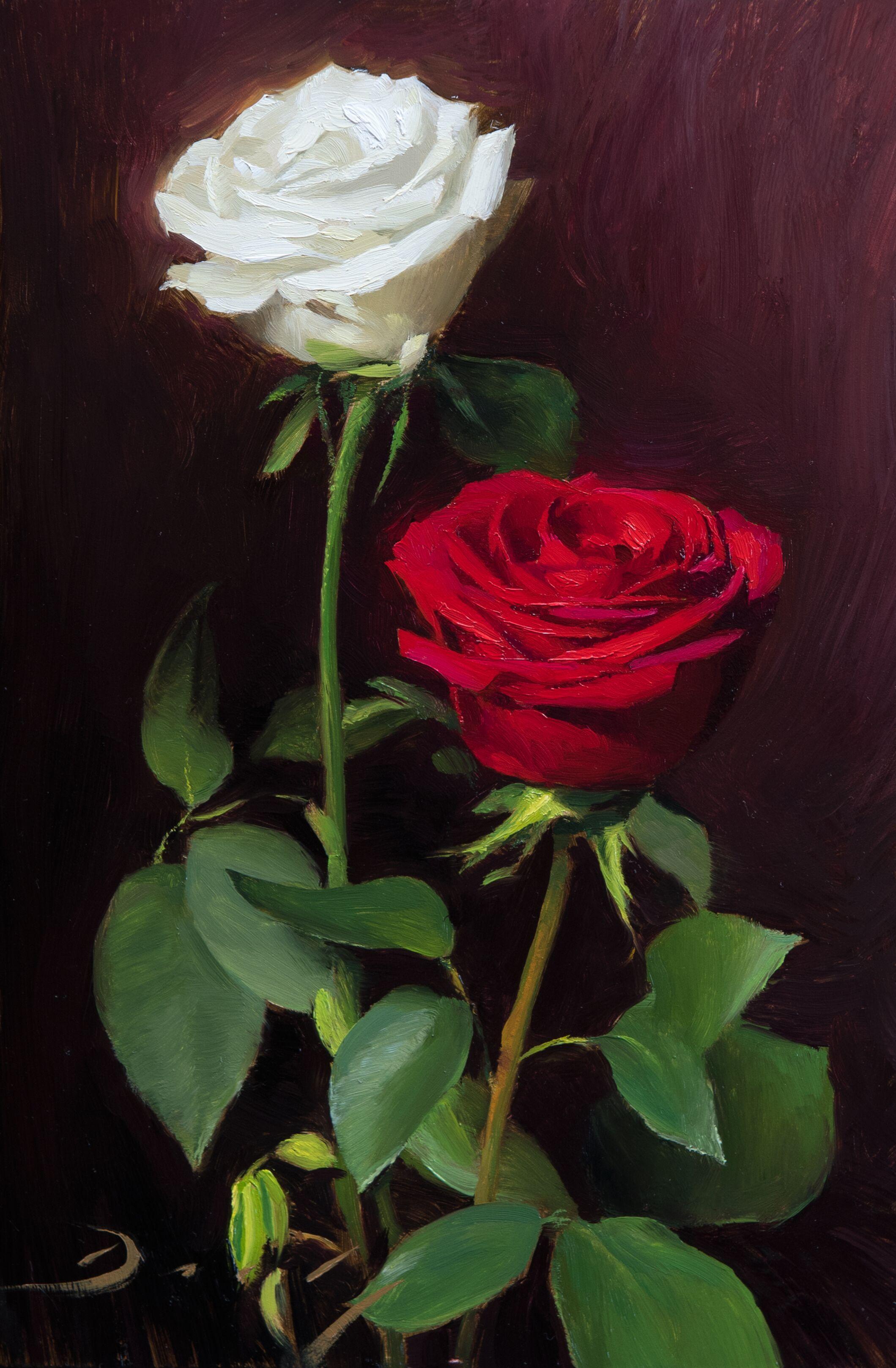 Joseph Q. Daily Still-Life Painting - Realist oil painting featuring roses, "Symphony in White and Red"