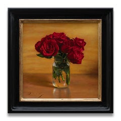 Realist oil painting, "Still Life With Roses and Mason Jar"
