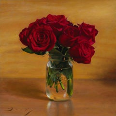 Realist oil painting, "Still Life With Roses and Mason Jar"