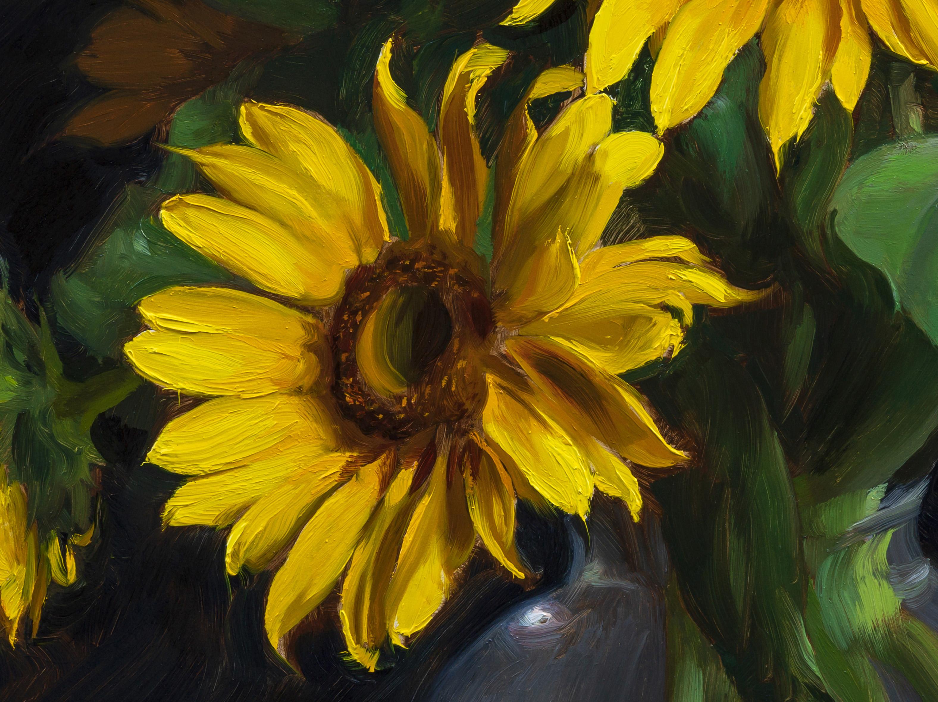 “Sunflowers” is a realist, oil on canvas painting by Joseph Q. Daily. Vibrant, golden yellow Sunflowers nearly pop off the canvas in this painting with Daily’s thick, impasto application of paint. Daily’s use of contrast between the rich yellow