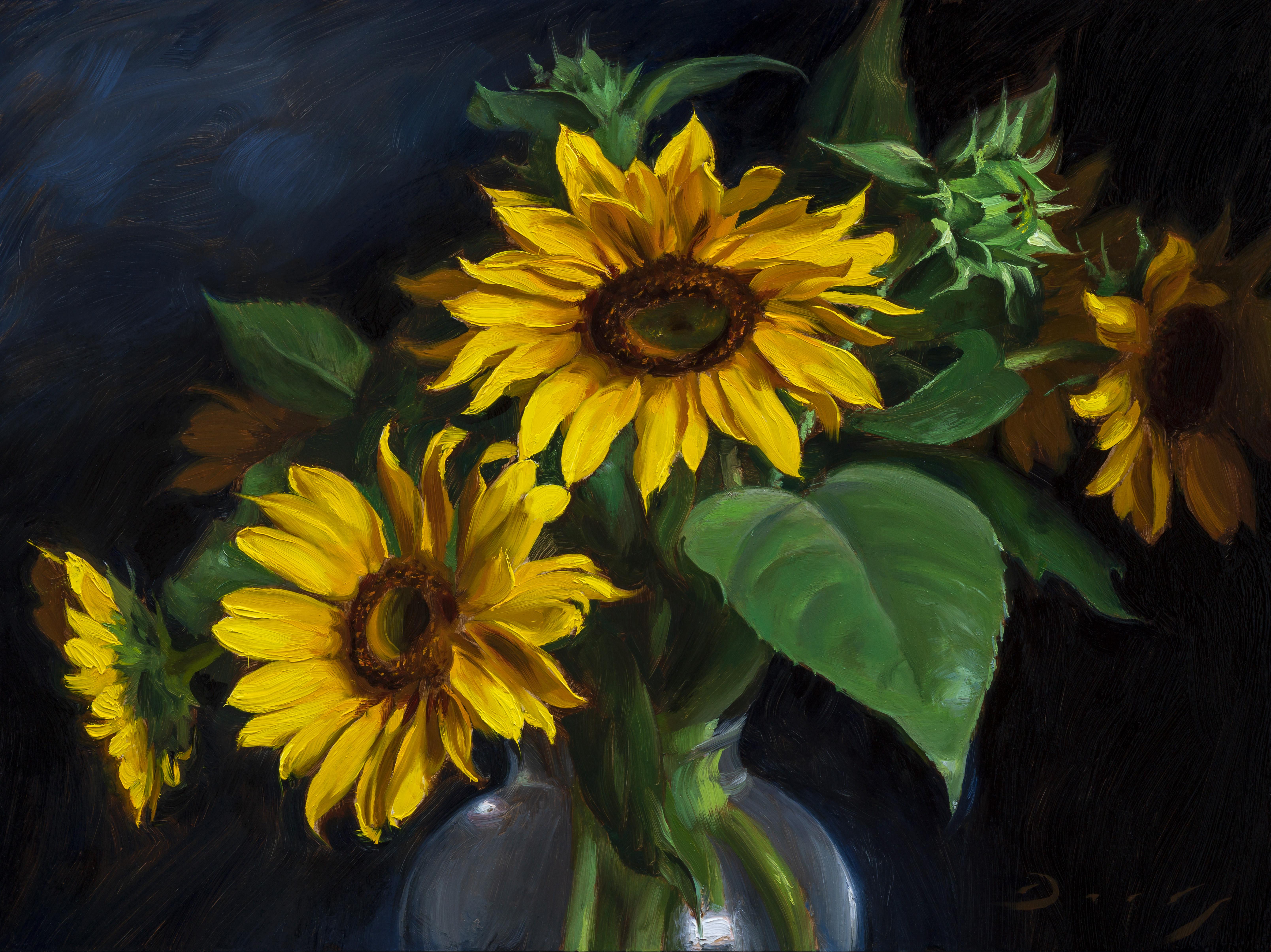 Joseph Q. Daily Still-Life Painting - Realist oil painting, "Sunflowers" 