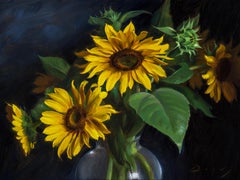 Realist oil painting, "Sunflowers"