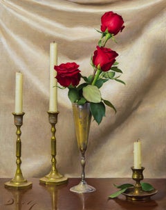 Realist still-life, "Arrangement in Red and Gold" Joseph Q. Daily, oil on canvas