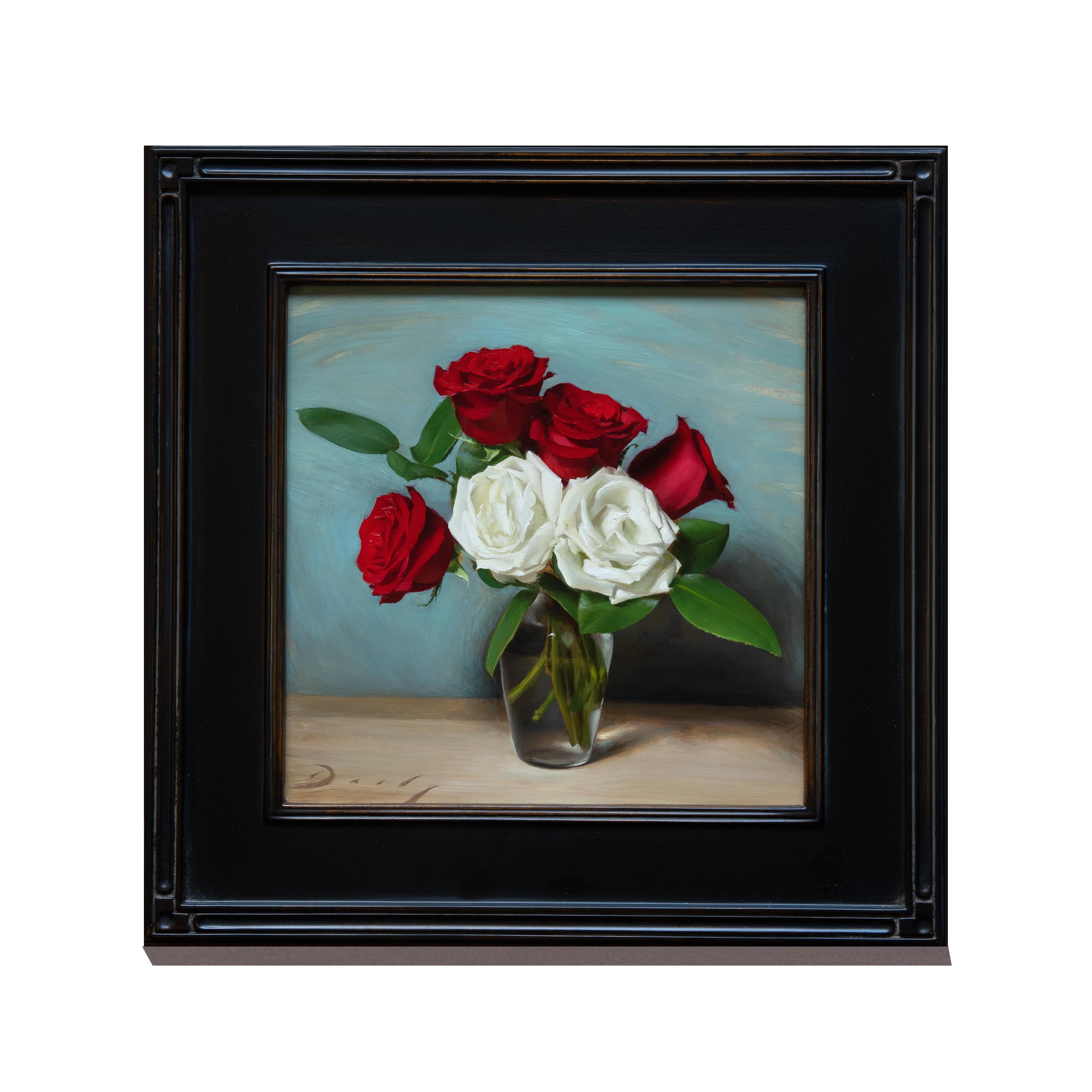 A bouquet of flowers made up of red and white roses set in a glass vase create a beautiful central composition in, Curtain Call. The painting’s cheerful light blue background is painted with action, revealing the tone of the under painting in areas