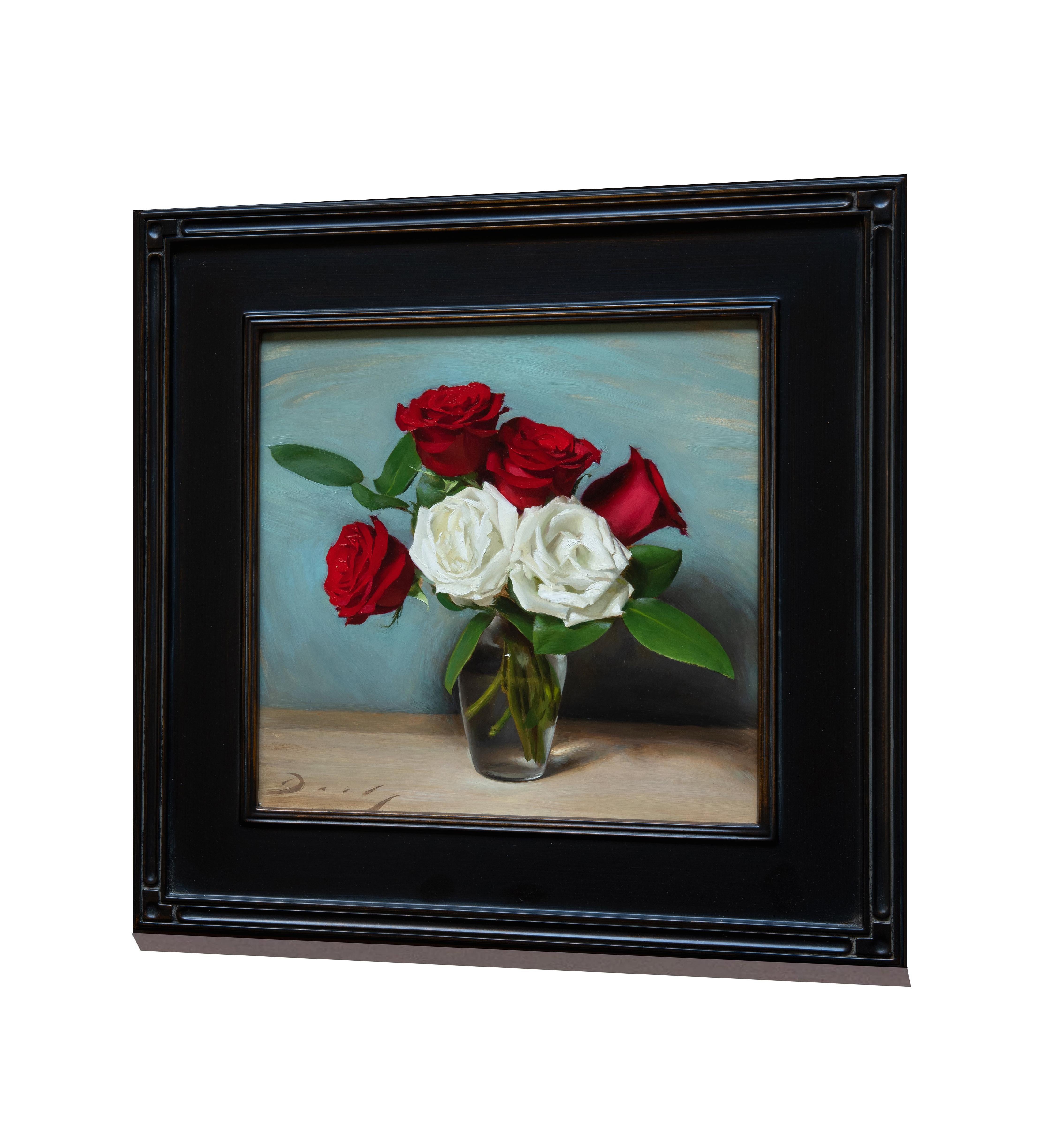 Realist still-life with red and white roses, 