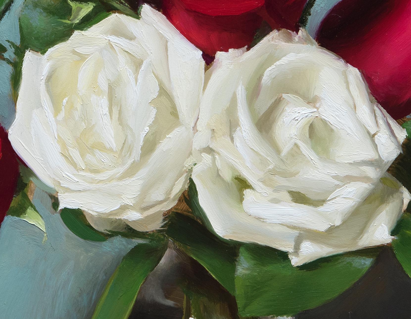 Realist still-life with red and white roses, 