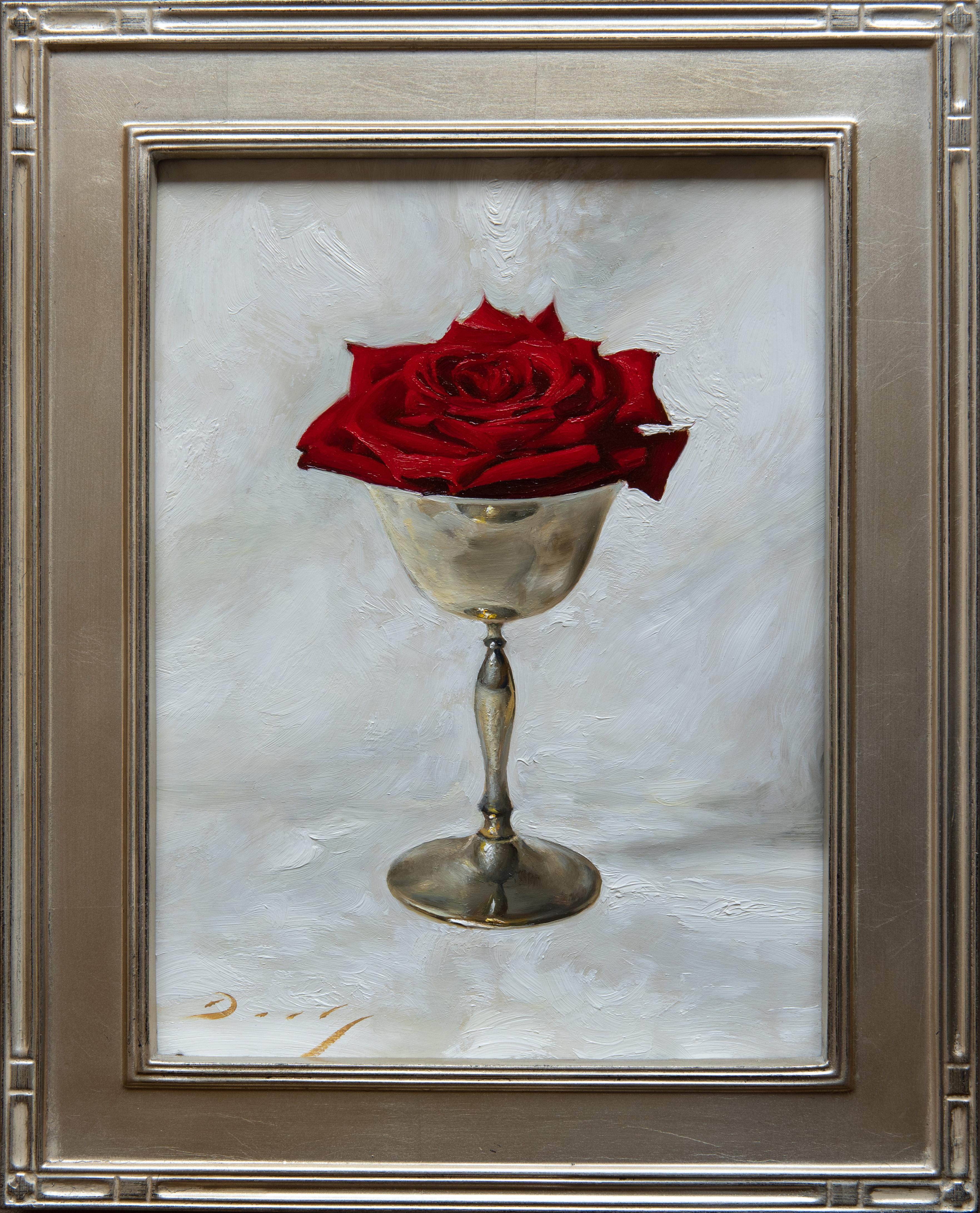 Realist still-life with red rose in silver cup, 