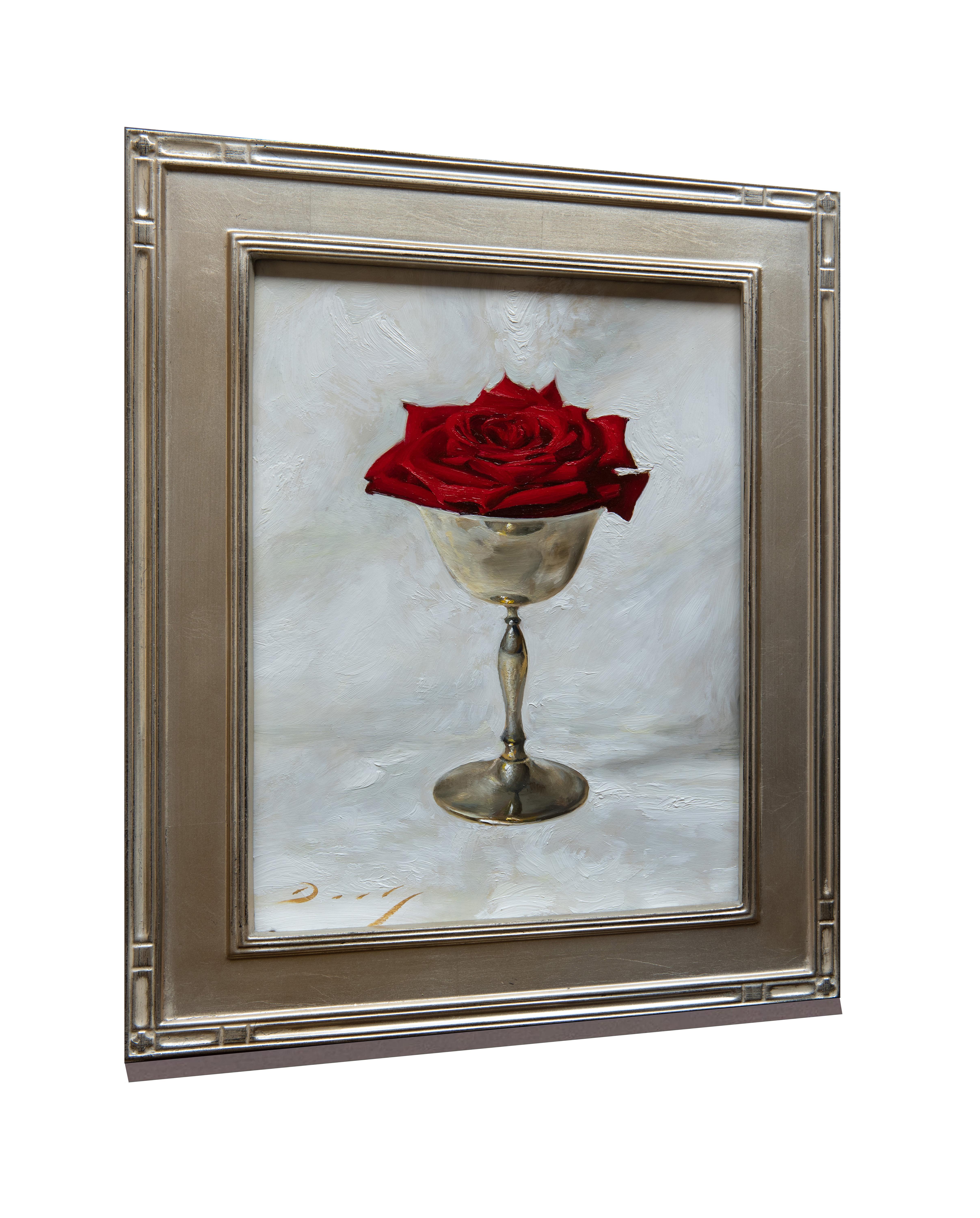 Realist still-life with red rose in silver cup, 