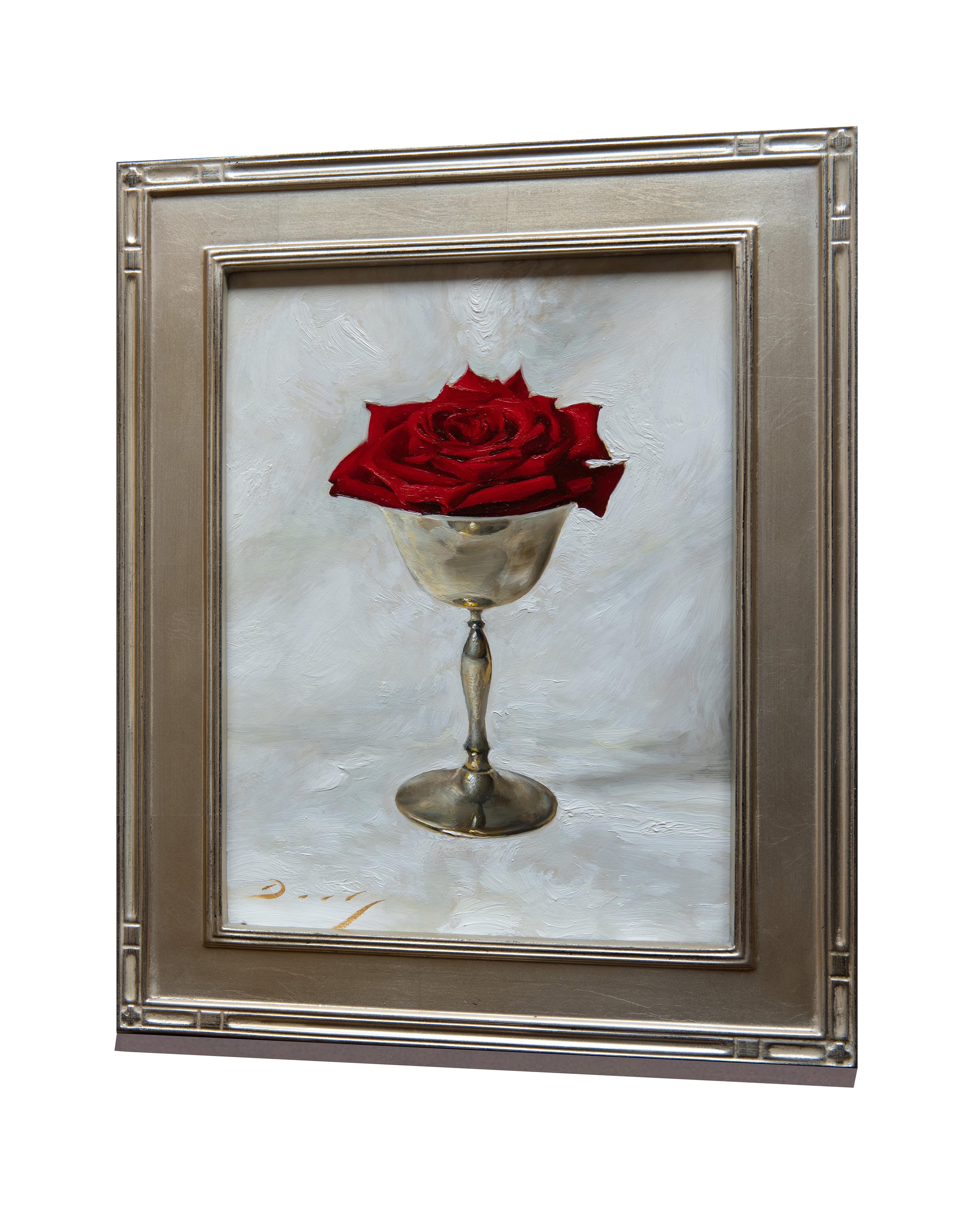 Realist still-life with red rose in silver cup, 
