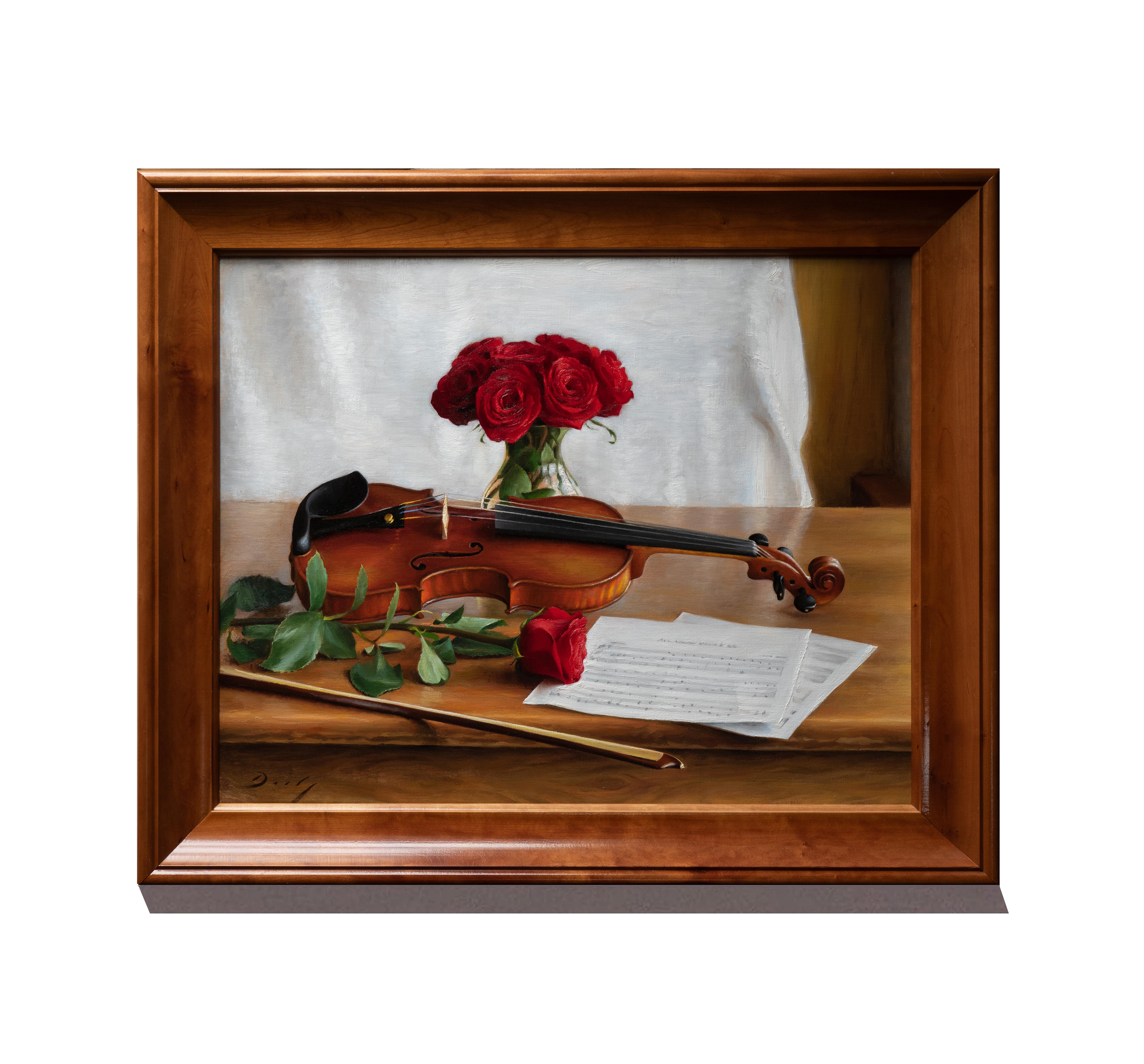 A bouquet of red roses sits on a wooden table accompanied by a beautifully rendered violin.  Laying next to the violin is a single red rose with it’s green stem and leaves delicately painted.  The violin’s bow is placed at a stronger diagonal with