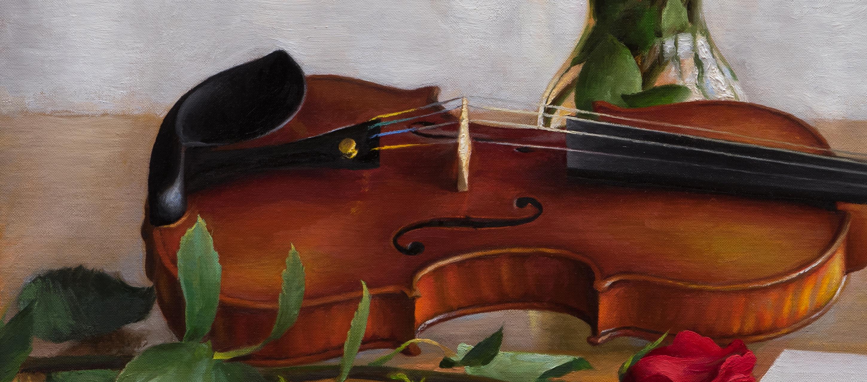 Realist still-life with red roses and brown violin, 
