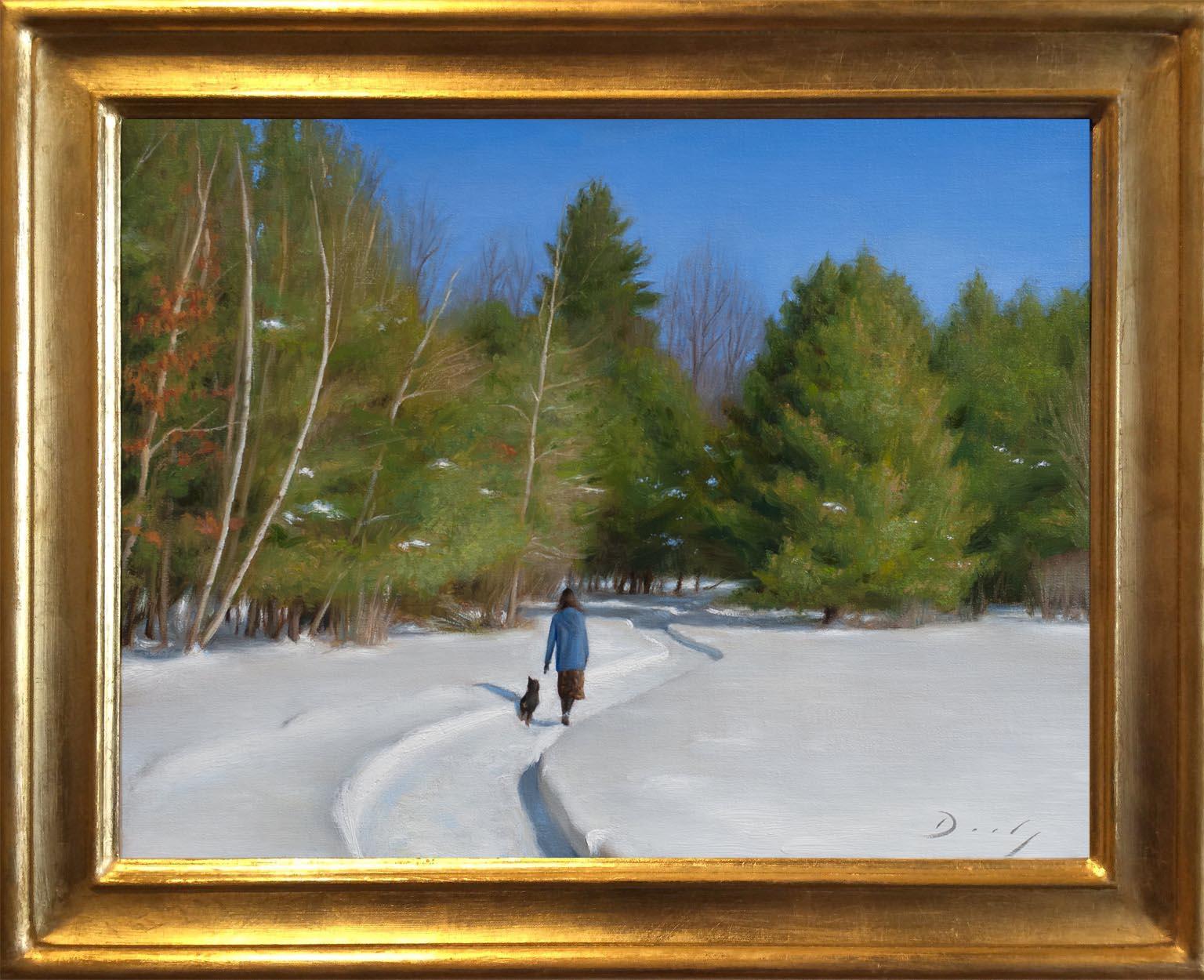 Realist winter snow scene with white green and blue, 