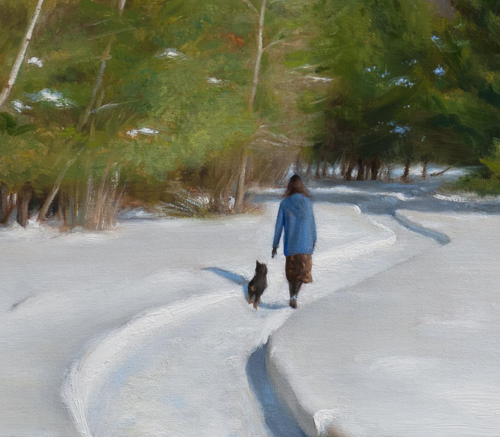 A woman walks down a plowed path with her dog in Daily's painting 'Into the Woods'. Bright pine trees with hints of snow on their branches are a colorful balance to this beautiful painting. Daily combines realism with the effortless sweep of