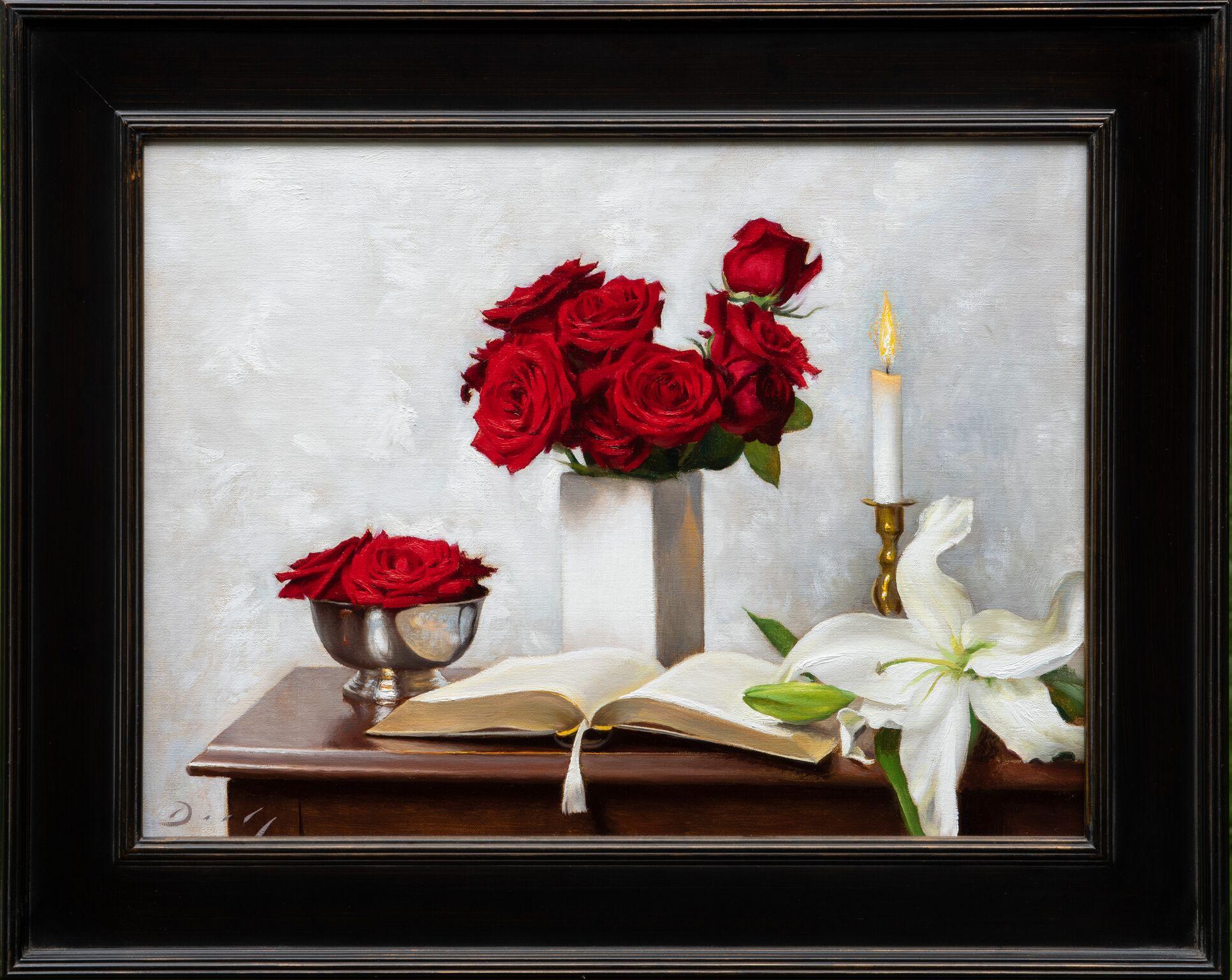 Red and silver realist still-life, 