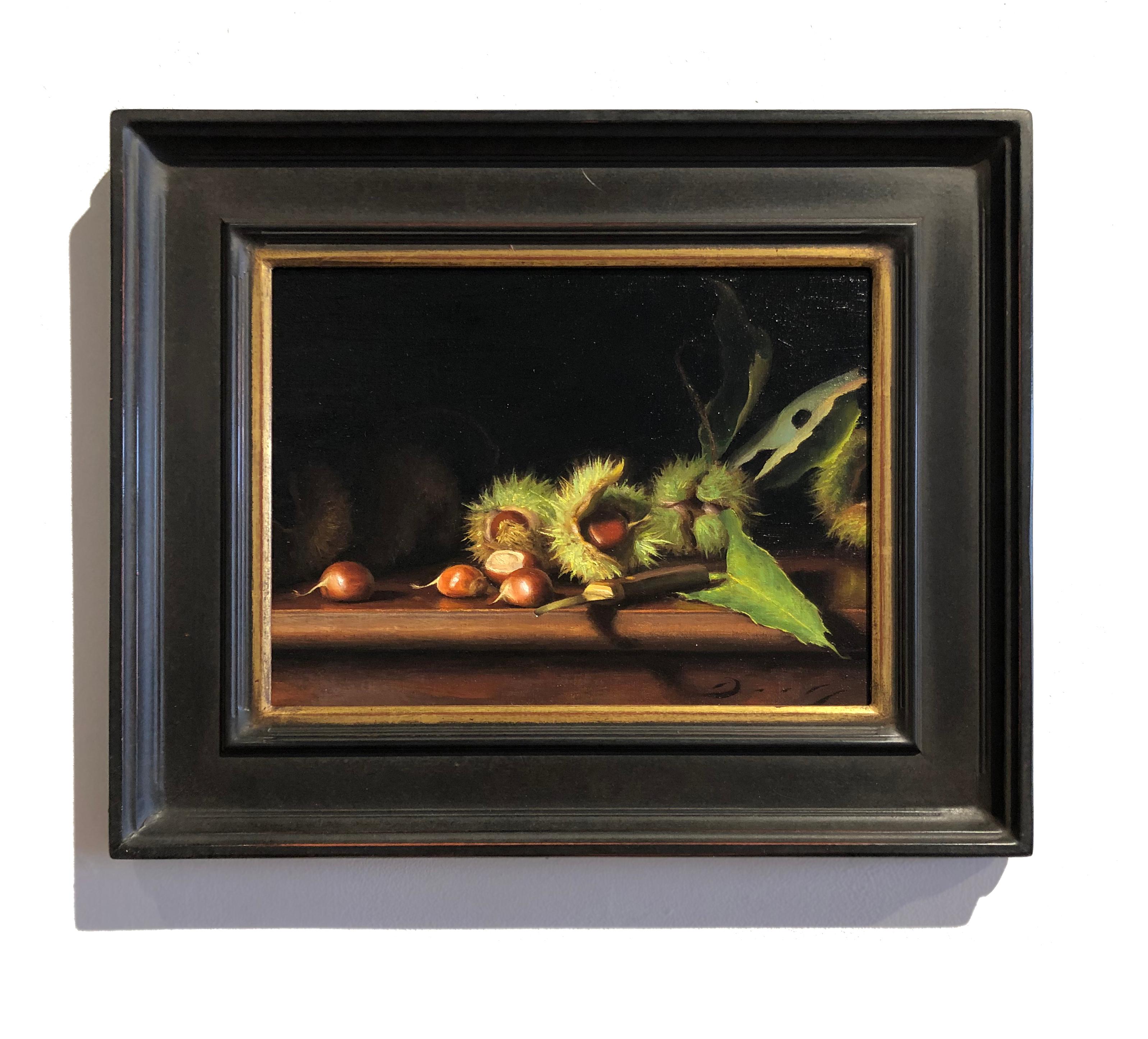 “Still Life with Freshly Fallen Chestnuts” (Realist Oil Painting)  - Black Still-Life Painting by Joseph Q. Daily